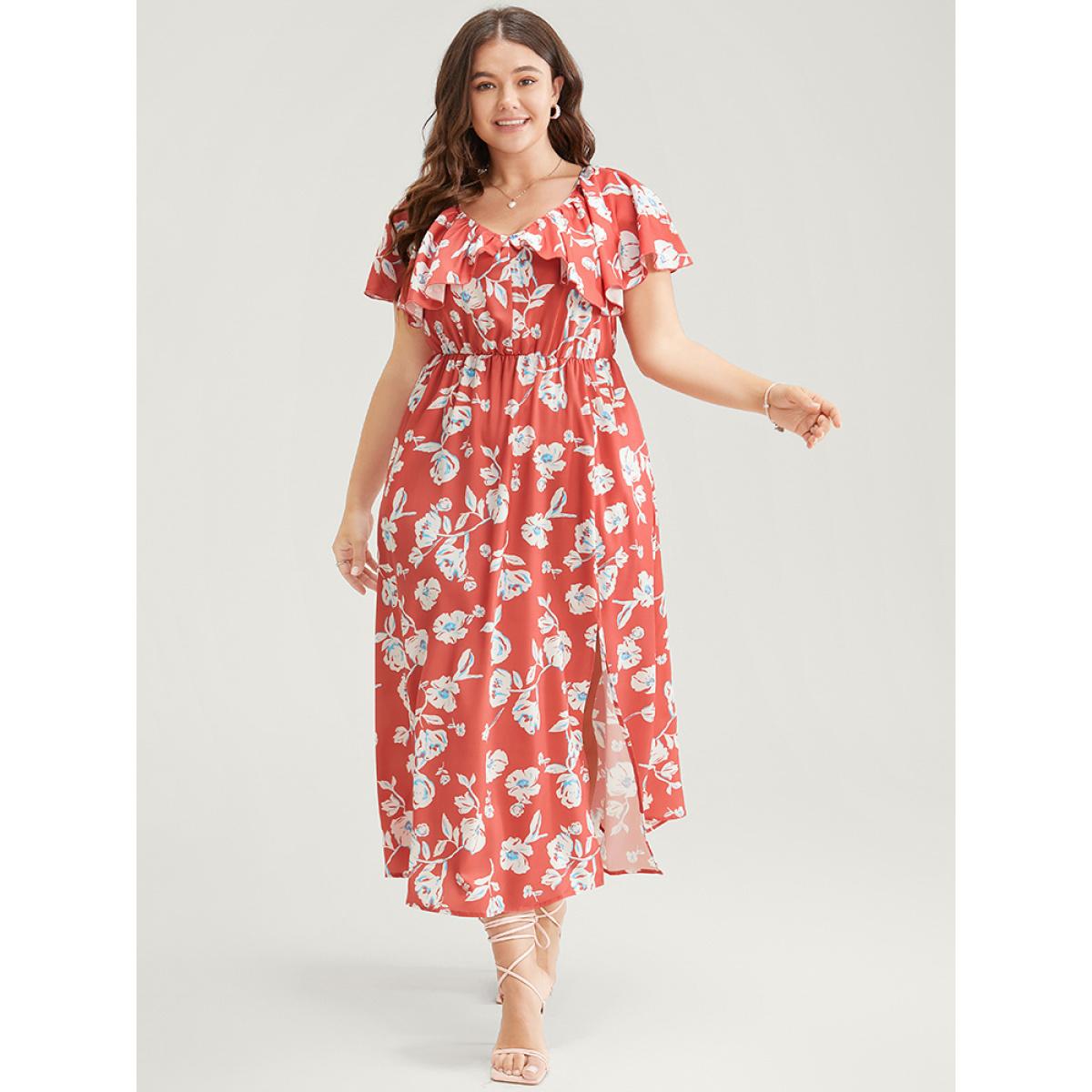 Plus Size Floral Printed Ruffle Trim Pocket V Neck Split Hem Dress Coral Women Elegant Elastic Waist V-neck Sleeveless Curvy Midi Dress BloomChic 28/5X Product Image