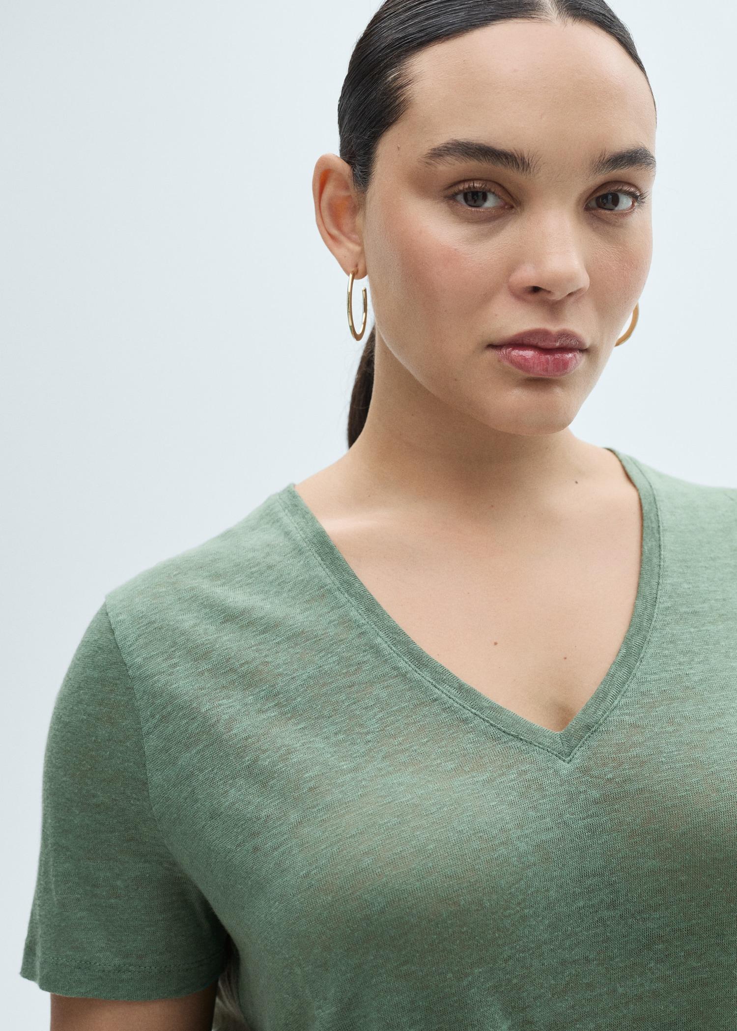 V-neck linen t-shirt - Women | MANGO USA Product Image