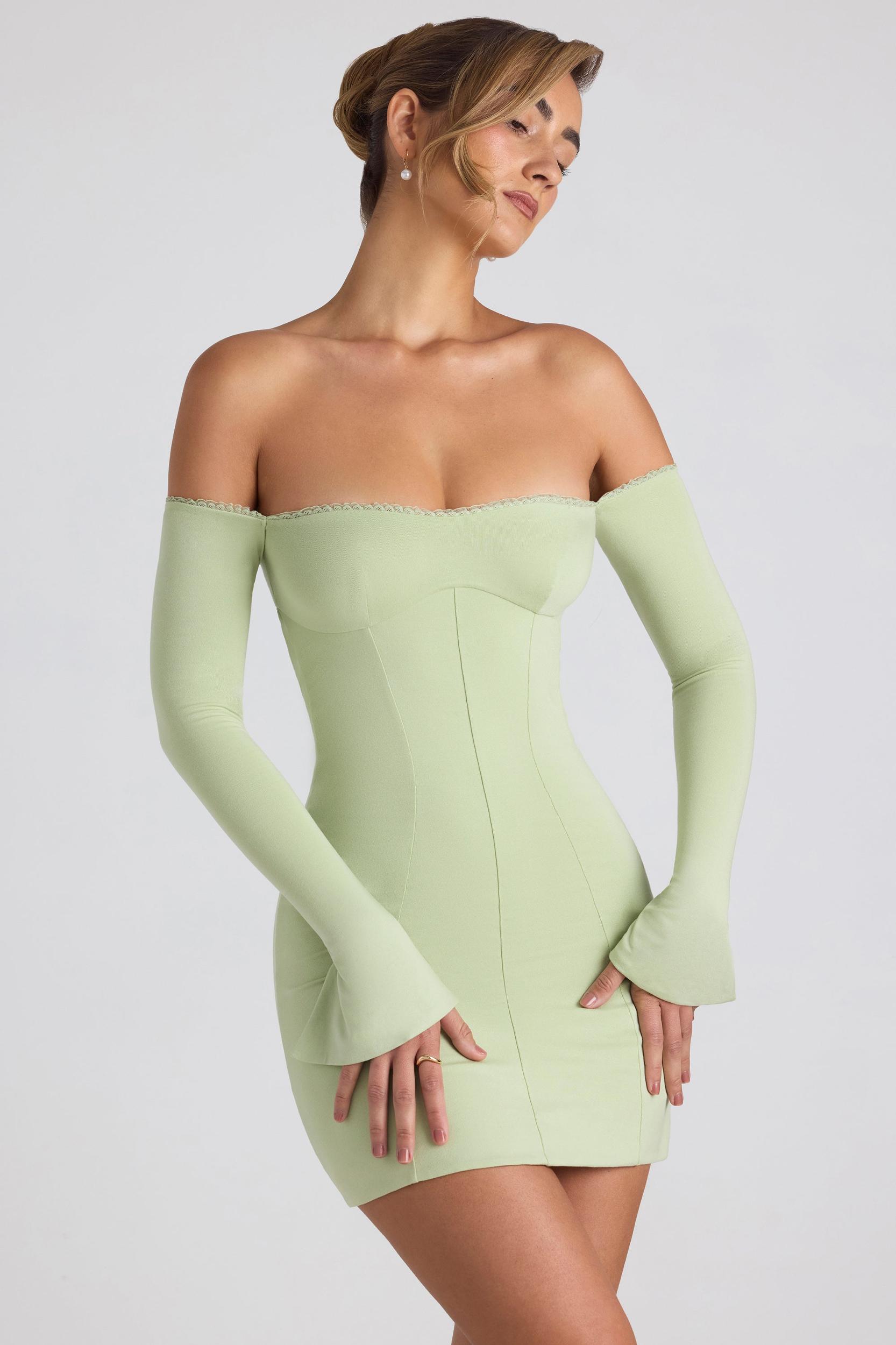 Modal Off-Shoulder Lace-Trim Mini Dress in Spring Green Product Image