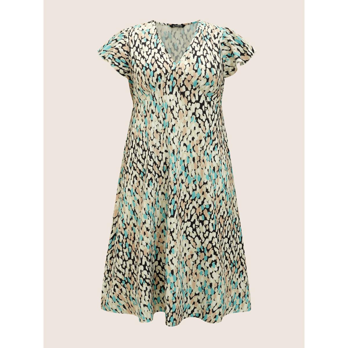 Plus Size V Neck Allover Print Ruffle Cap Sleeve Dress LightBlue Women At the Office Ruffles V-neck Cap Sleeve Curvy BloomChic 18-20/2X Product Image