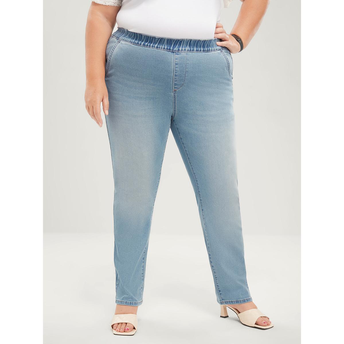 Plus Size Mom Jeans Straight Very Stretchy Mid Rise Light Wash Jeans Women Blue Casual Plain Elastic Waist High stretch Jeans BloomChic 14/1X Product Image