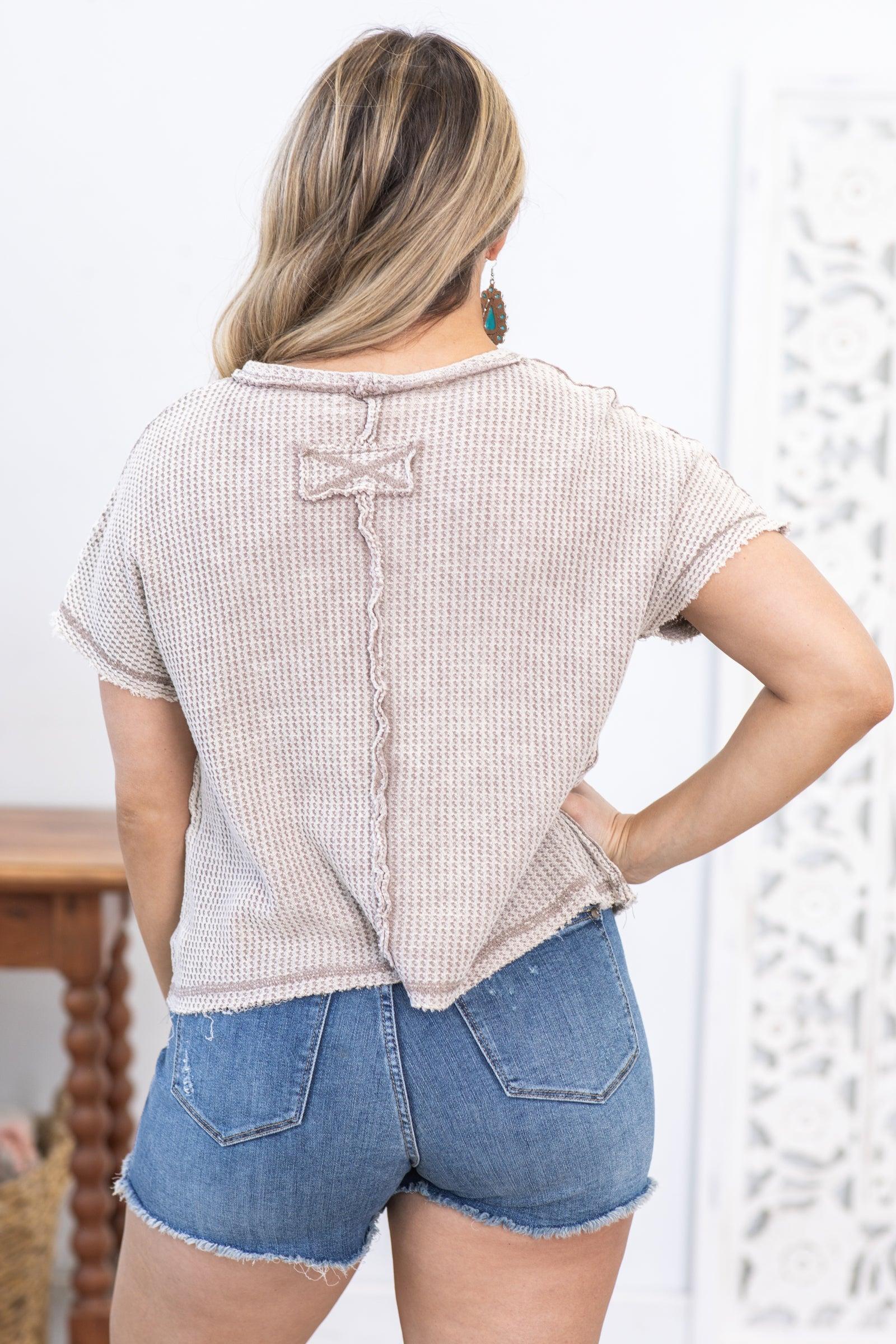 Beige Washed Stitch Detail Waffle Knit Top Product Image