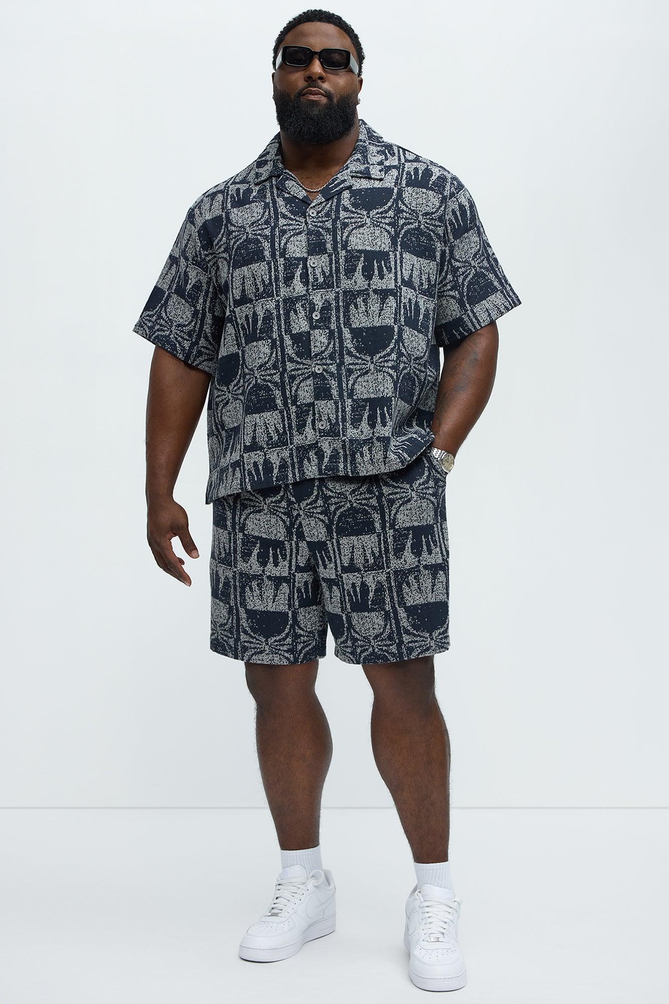 Tribal Pattern Cuban Button Down Shirt - Navy/combo Product Image