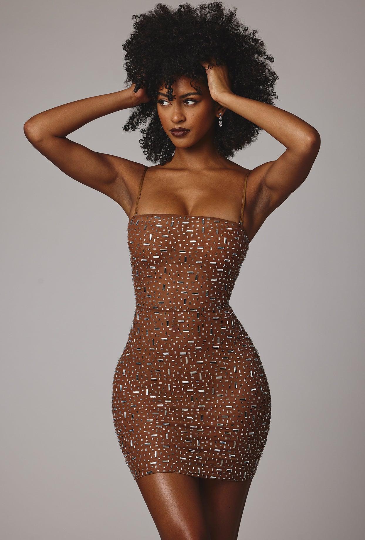 Sheer Embellished Bodycon Mini Dress in Mocha Product Image