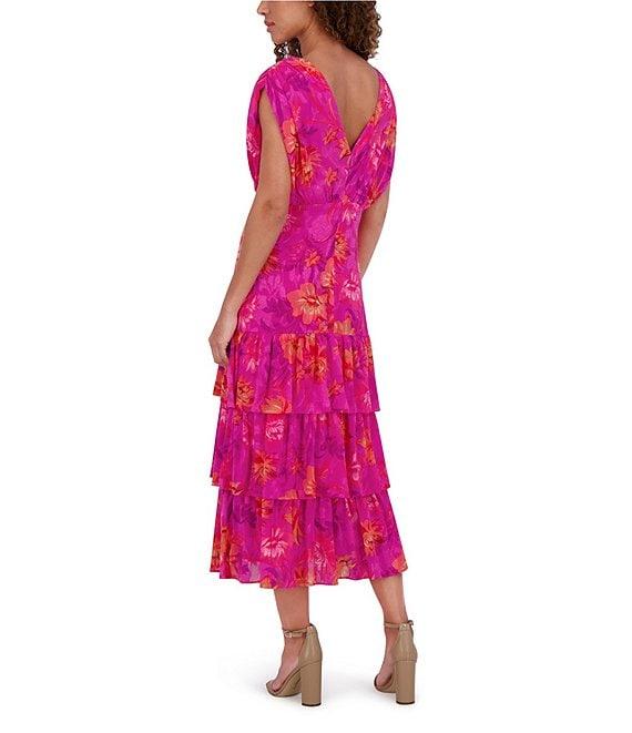 Kensie Ruffle Floral Print Burnout Chiffon V-Neck Short Sleeves Dropped Shoulder A-Line Dress Product Image