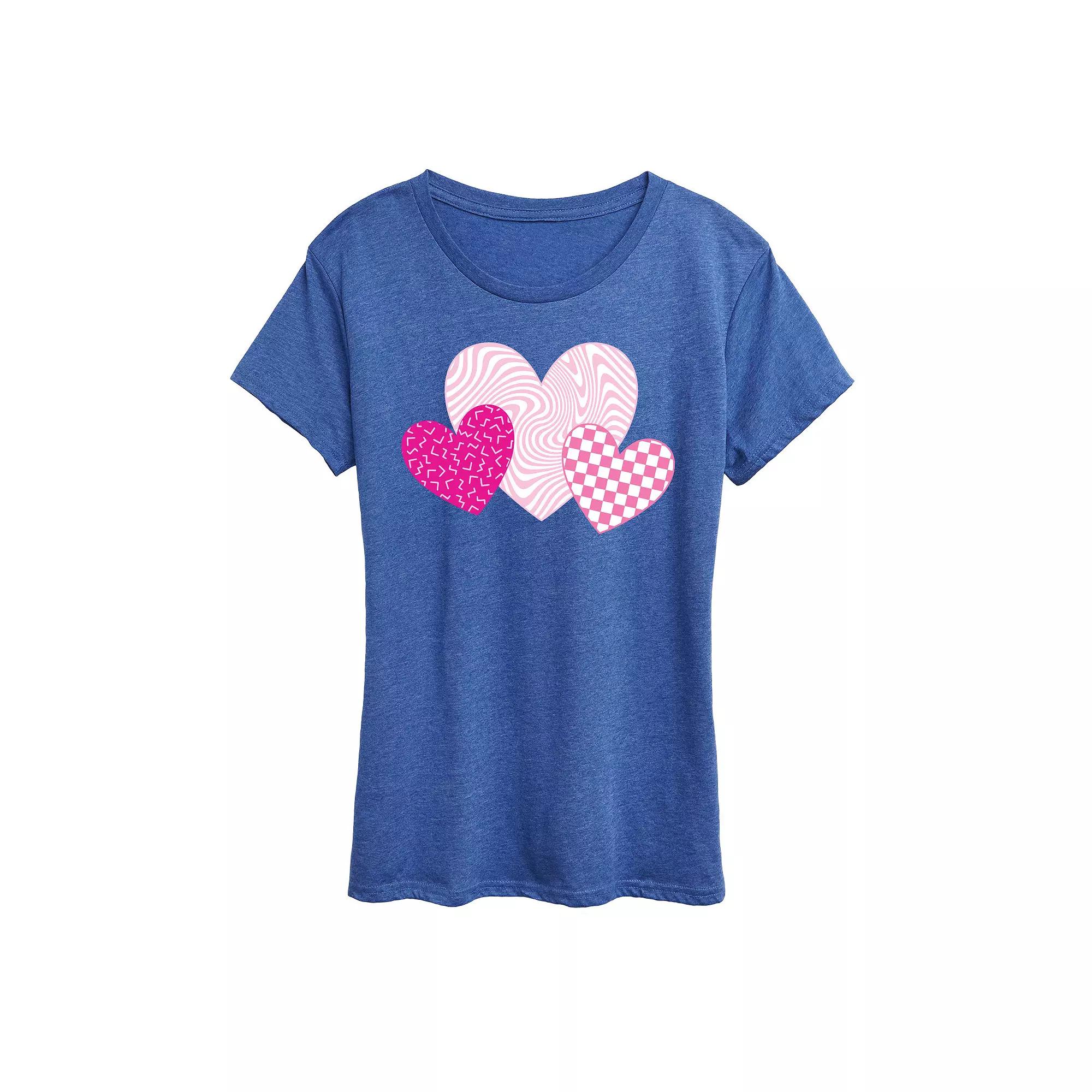 Women's Pink Retro Patterned Hearts Graphic Tee,  Product Image