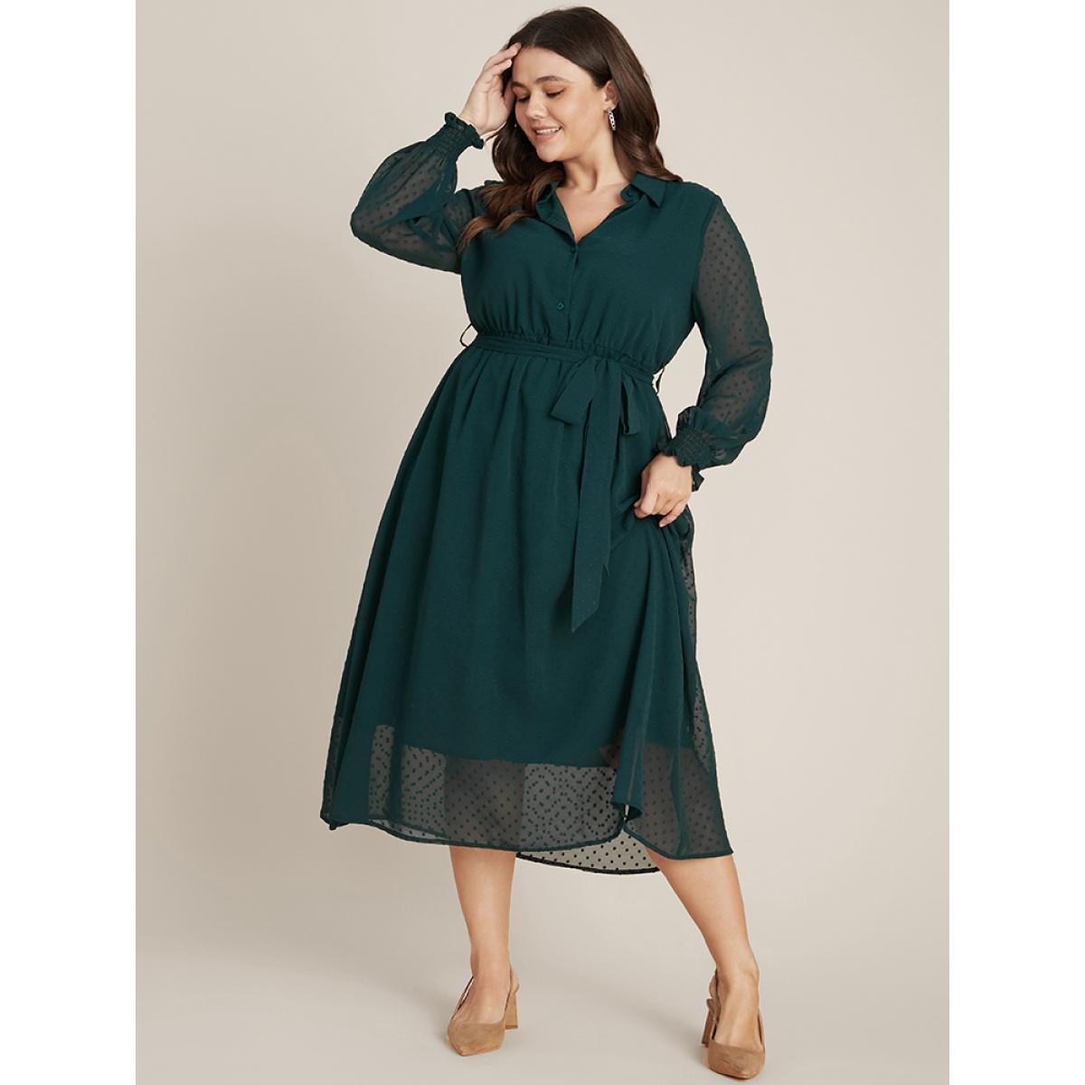 Plus Size Polka Dot Shirred Button Mesh Belted Shirt Collar Dress DarkGreen Women Glamour Elastic Waist Shirt collar Long Sleeve Curvy Midi Dress BloomChic 26/4X Product Image