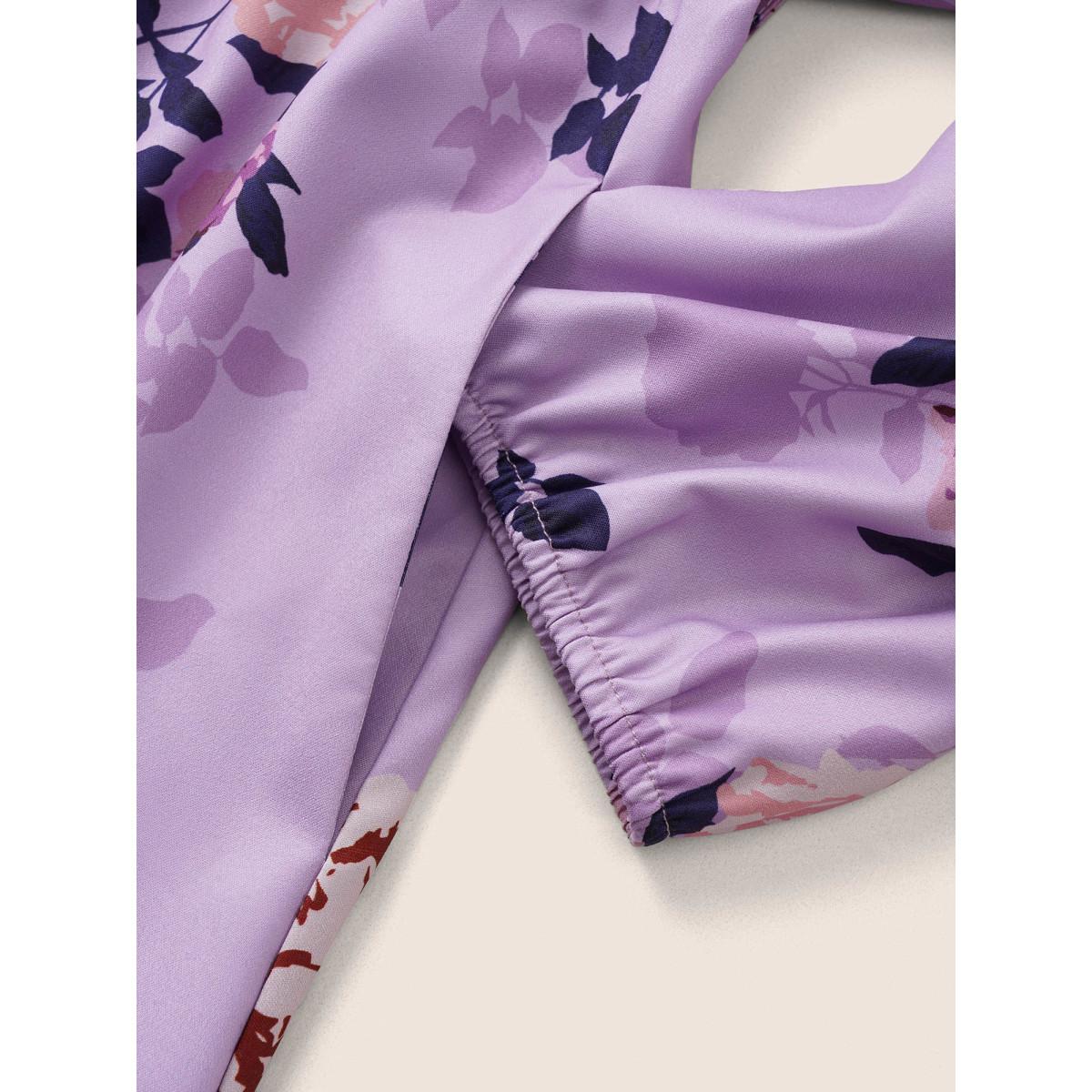 Plus Size Floral Print Belted Pocket Frill Trim Dress Lilac Women Elegant Non Round Neck Elbow-length sleeve Curvy Knee Dress BloomChic 28/5X Product Image