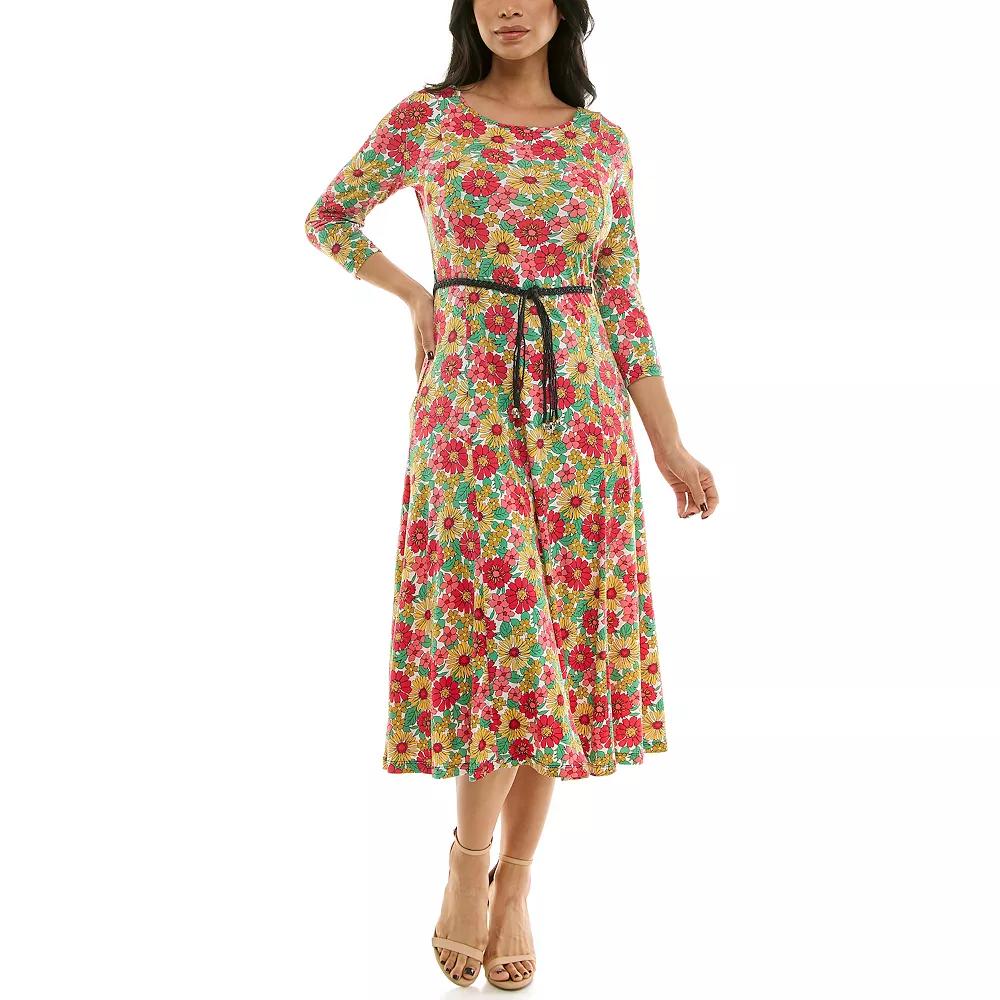 Women's Nina Leonard Sylvia Three-Quarter Sleeve Belted Midi Dress,  Product Image