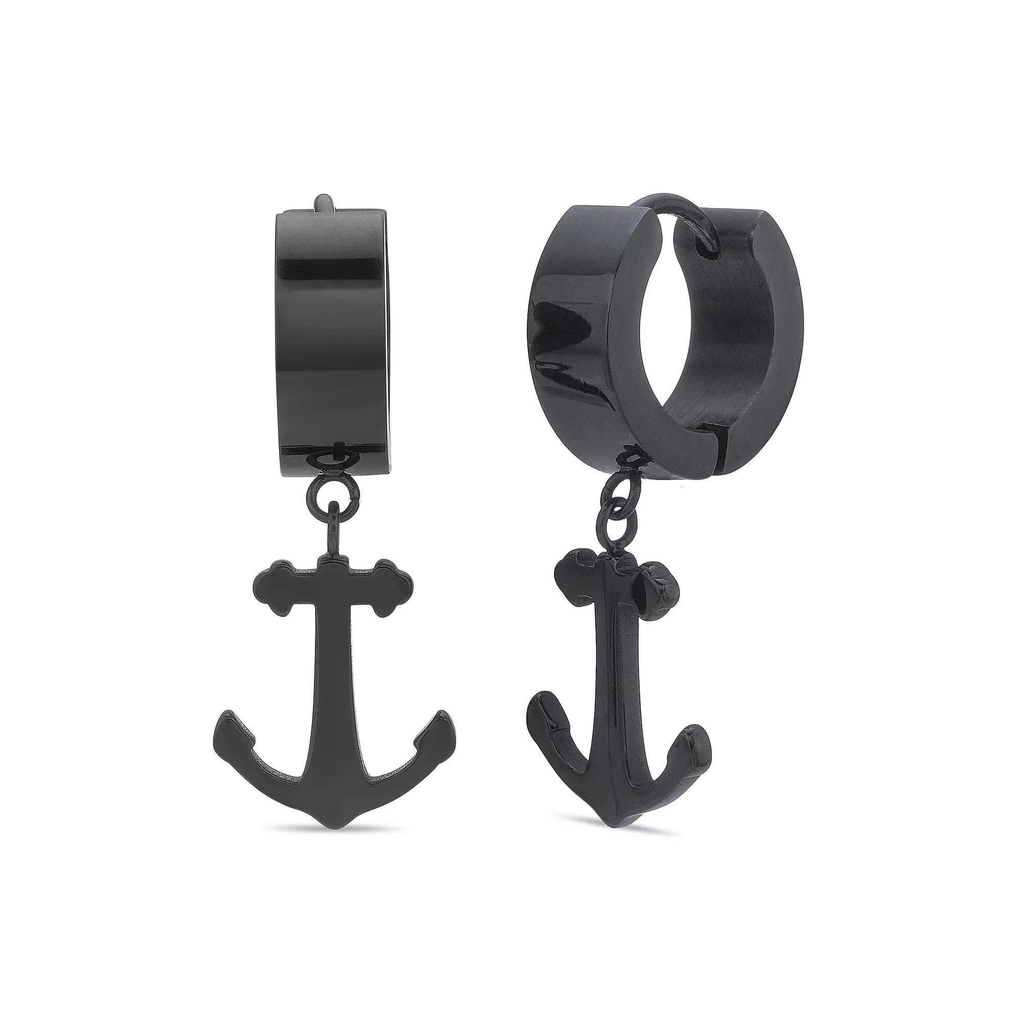 Men's LYNX Ion Plated Stainless Steel Anchor Hoop Earrings, Black Product Image
