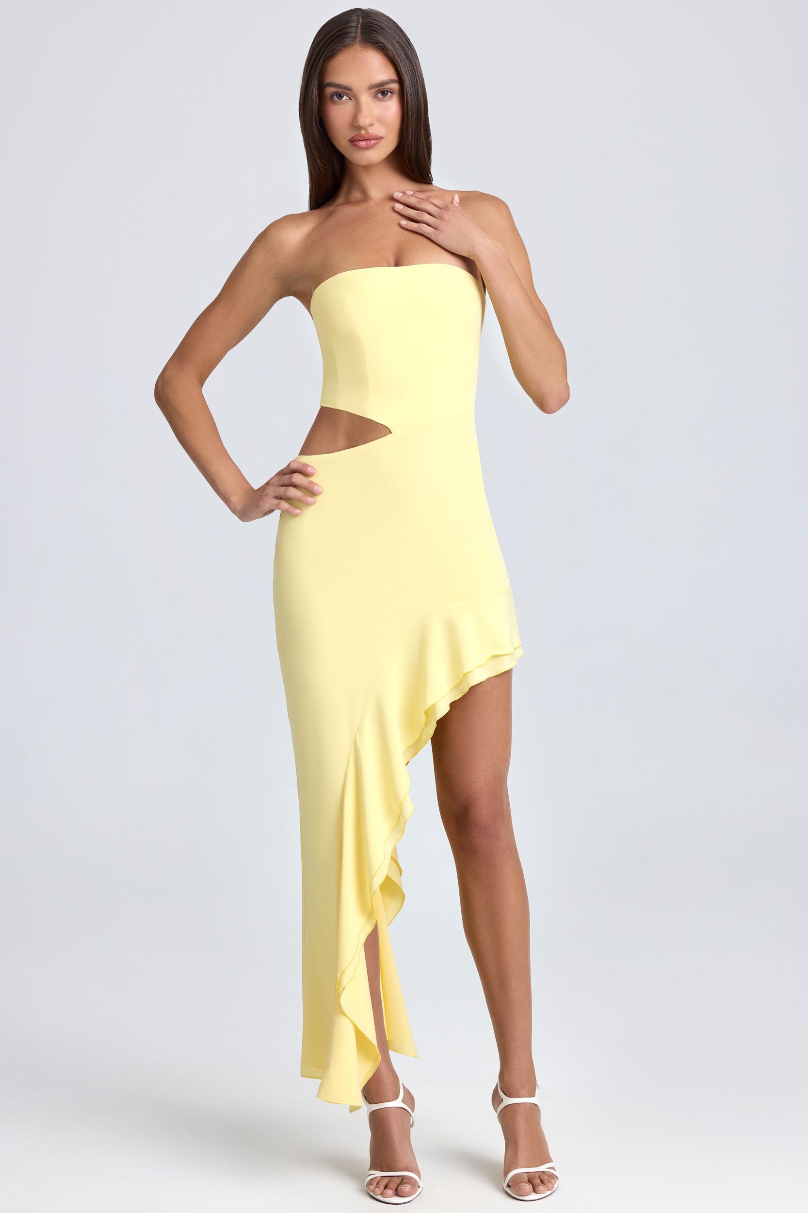 Bandeau Cut-Out Ruffle-Trim Maxi Dress in Lemon Sherbet Product Image
