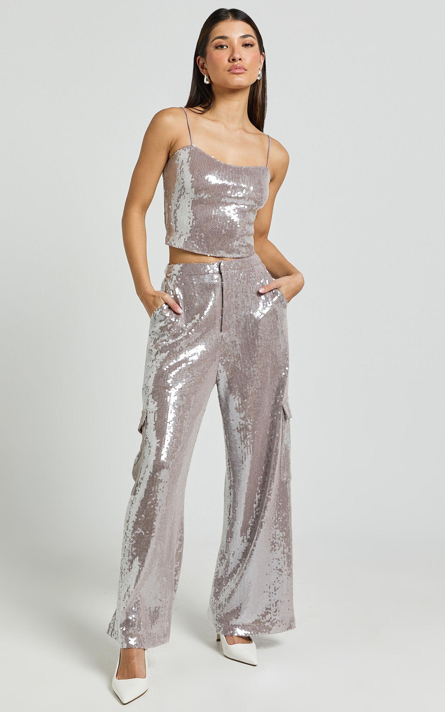 Tricia Top - Sequin Cami Top in Grey Product Image
