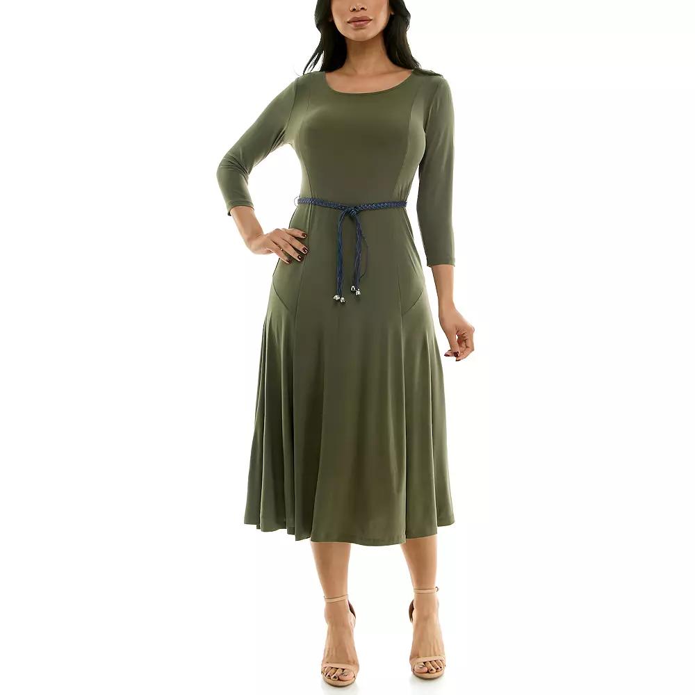 Women's Nina Leonard Sylvia Three-Quarter Sleeve Belted Midi Dress, Size: XL, Light Green Product Image