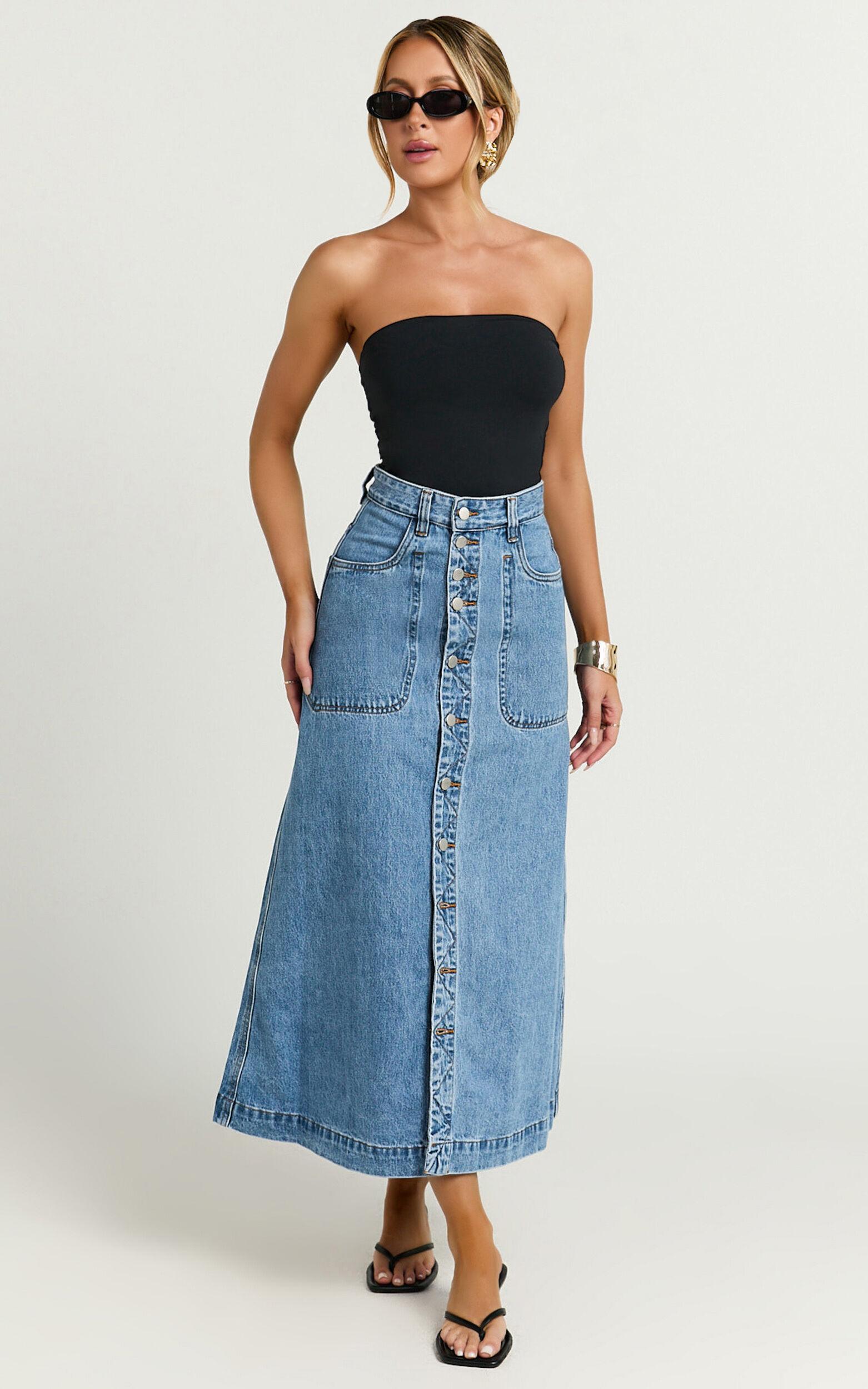 Alisa Midi Skirt - Button Through A Line Denim in Mid Blue Wash Product Image
