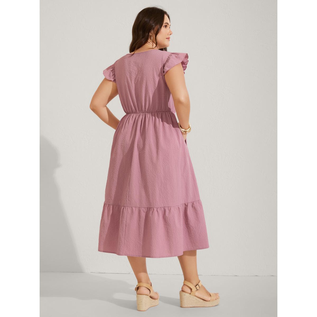 Plus Size Lace Trim Button Detail Tiered Midi Dress Beanpastepowder Women Square Neck Cap Sleeve Curvy BloomChic 10/M Product Image