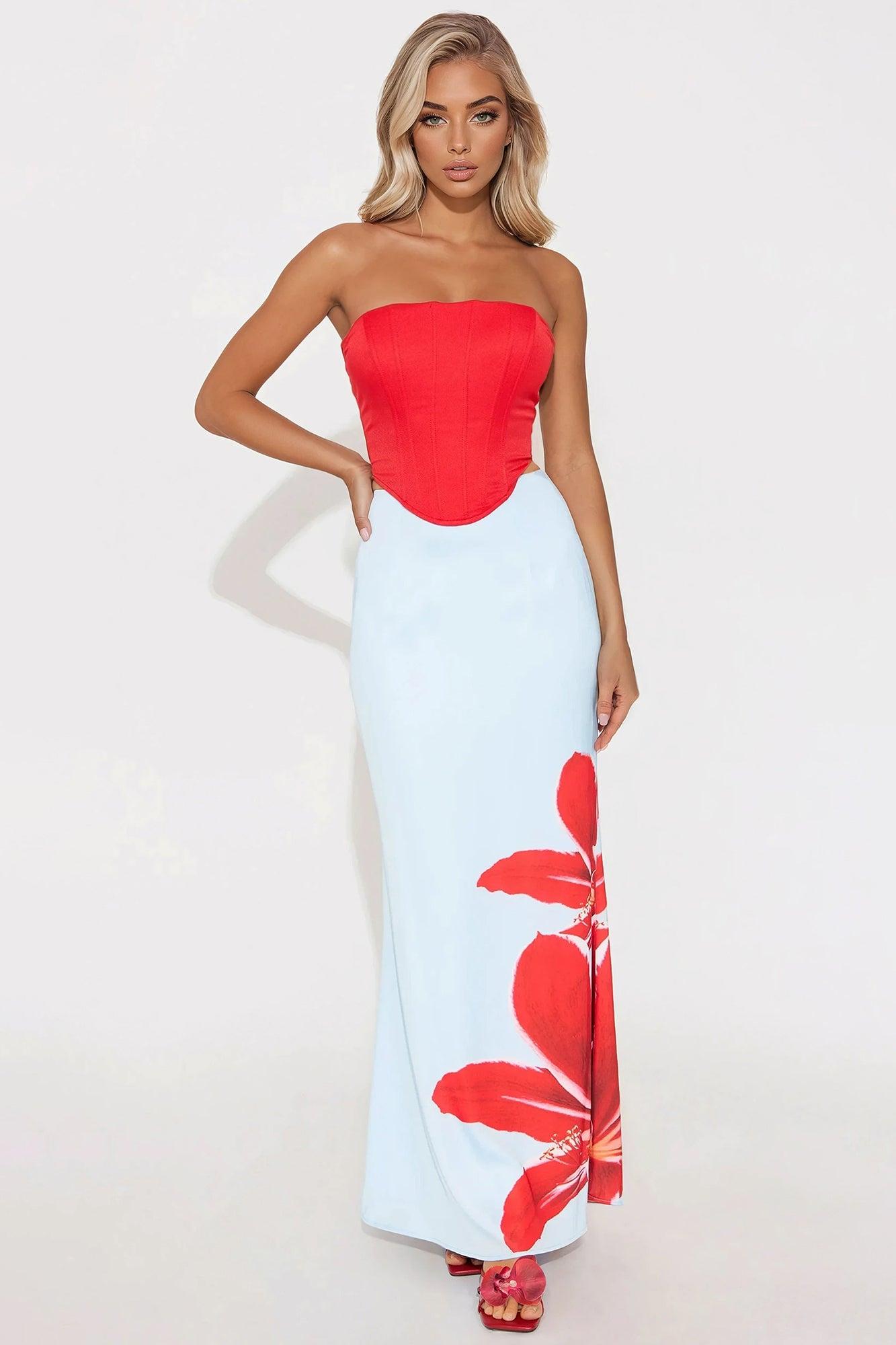 Talia Satin Floral Maxi Skirt - Blue/combo Product Image