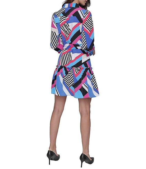 KARL LAGERFELD PARIS Silky Crepe Geometric Print Point Collar 3/4 Blouson Sleeve Belted A-Line Shirt Dress Product Image