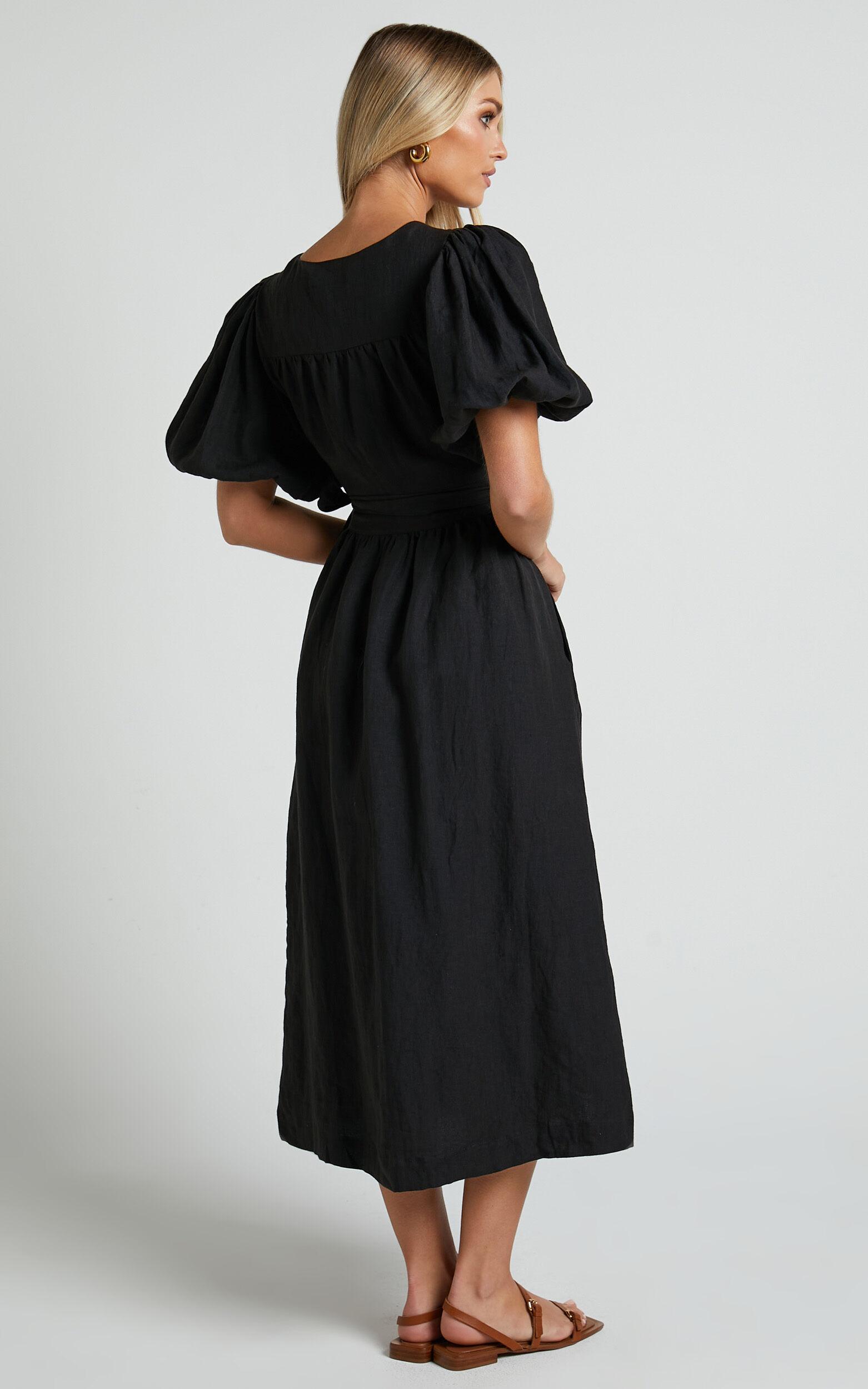 Amalie The Label - Franc Linen Puff Sleeve Wrap Midi Linen Dress in Black Product Image