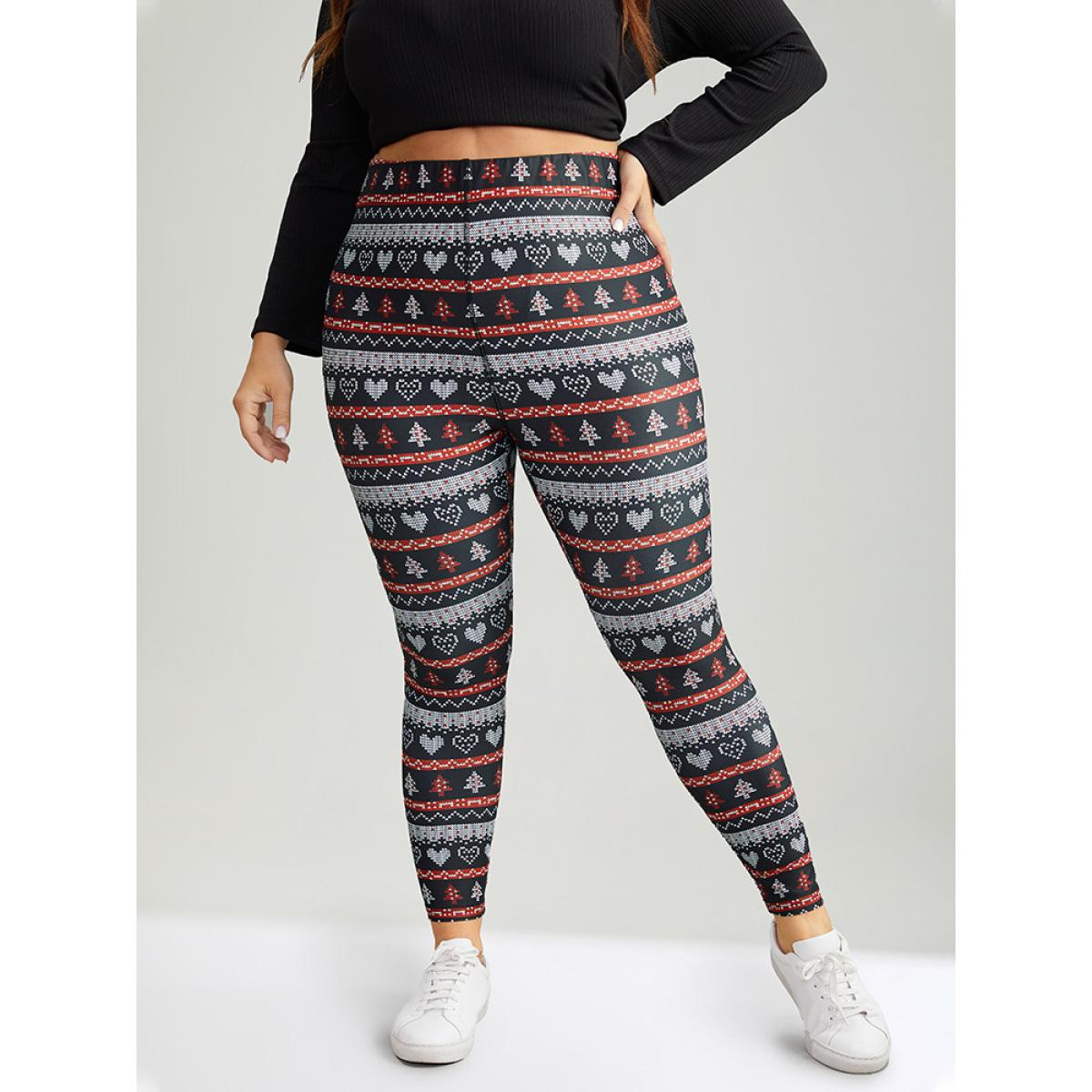 Plus Size Christmas Print Mid Rise Skinny Leggings Women BlackFlower Casual High stretch Skinny Mid Rise Festival-Christmas Leggings BloomChic 12/L Product Image