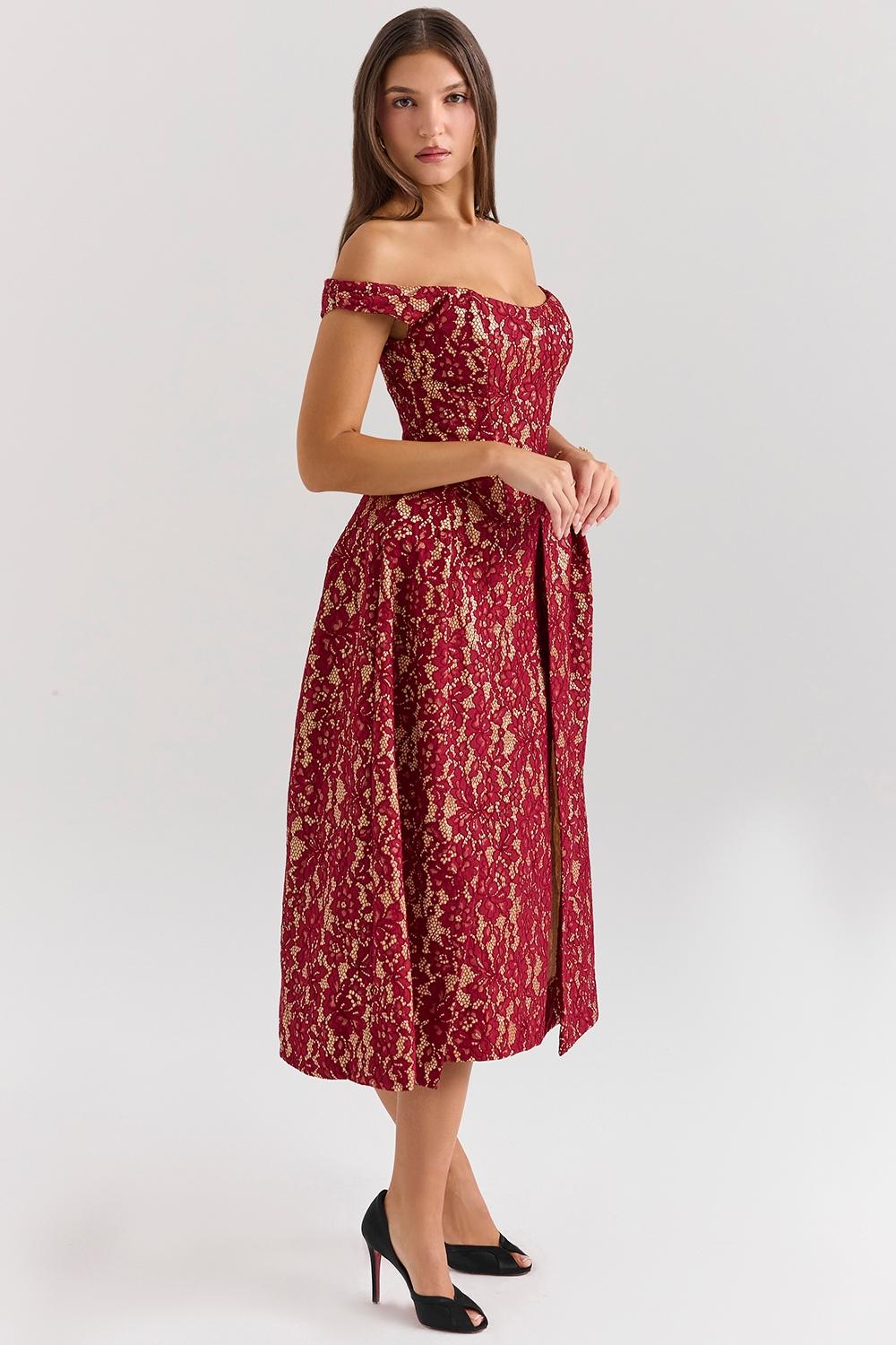 Charming  gold and berry lace midi off shoulder dress Product Image