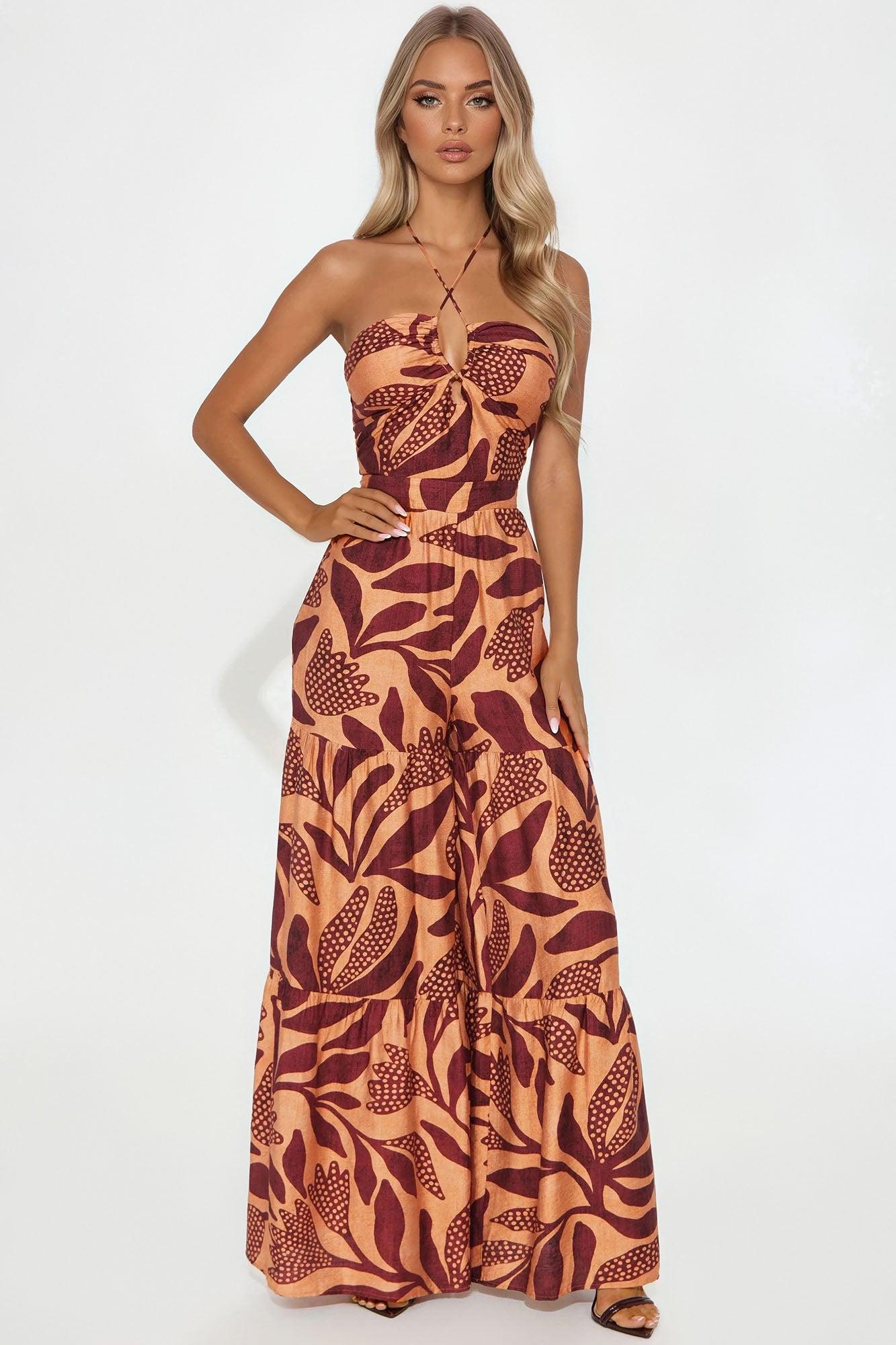 Nora Halter Wide Leg Jumpsuit - Orange/combo Female Product Image