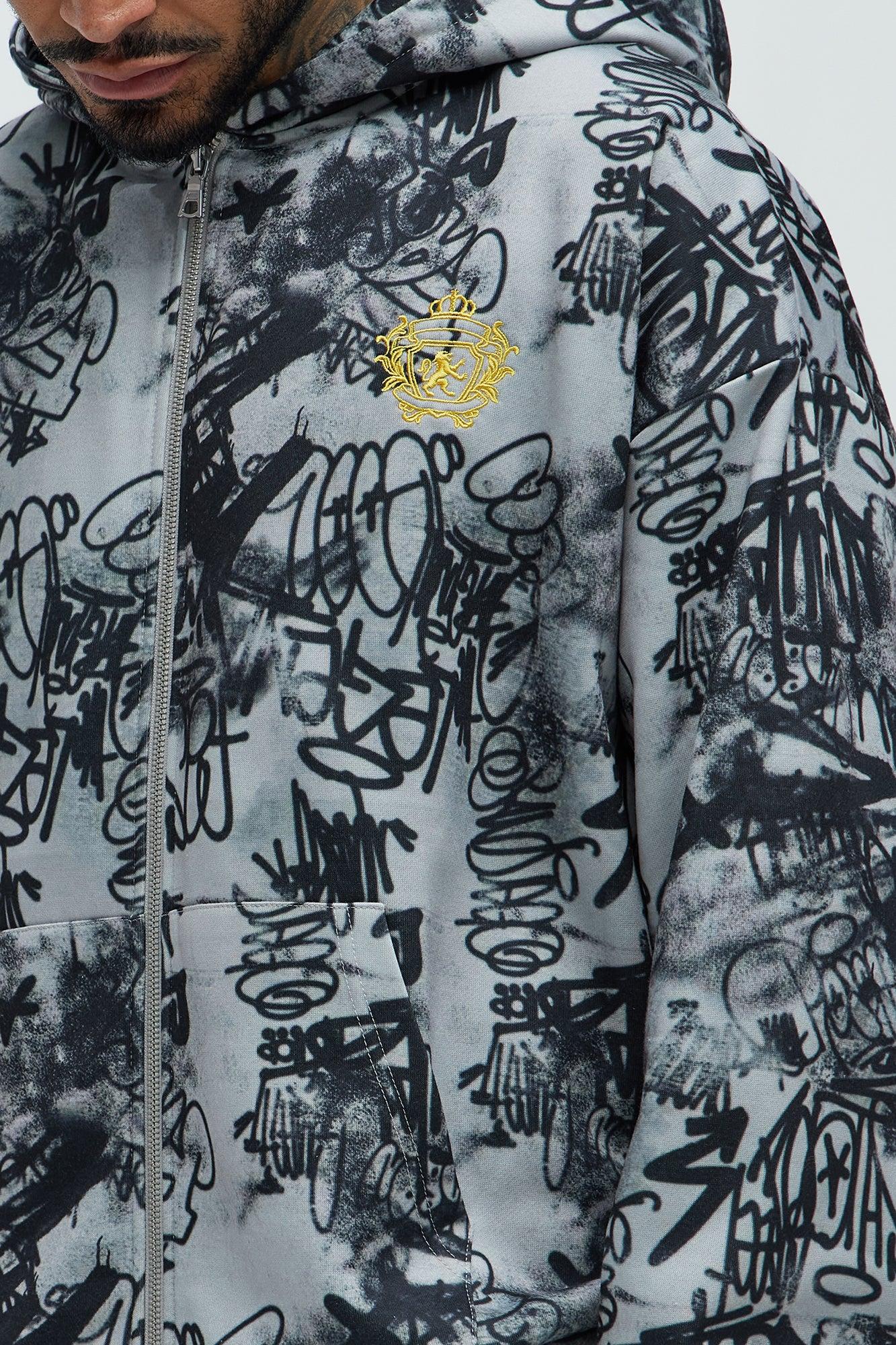 Vandal Oversized Graffiti Zip Up Hoodie - Grey Product Image