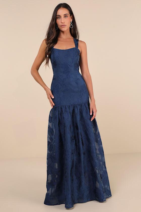 Opulent Aura Navy Floral Jacquard Tie-Back Drop Waist Maxi Dress Product Image