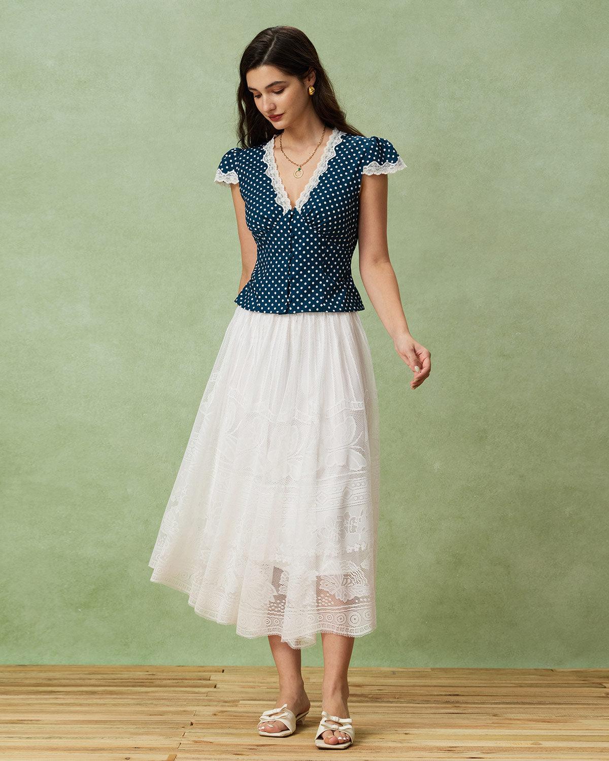 Blue Polka Dot Lace Trim Blouse Product Image