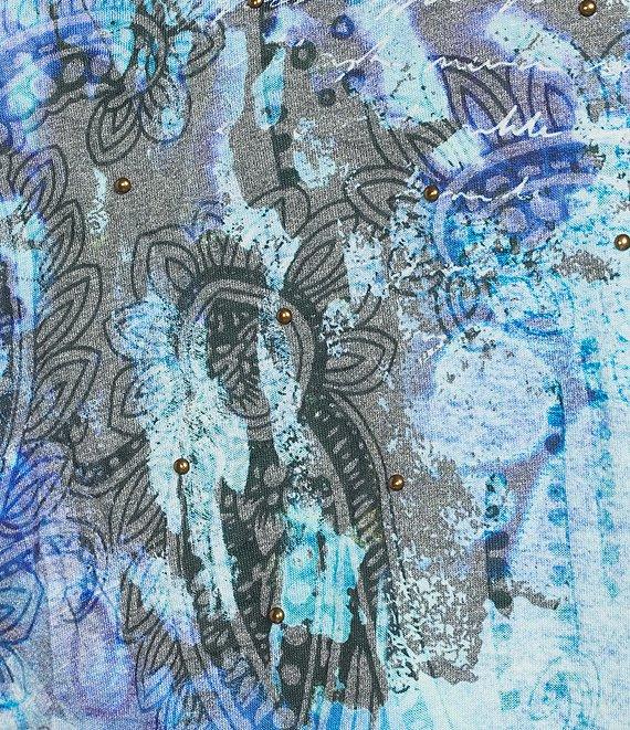 Ali Miles Crinkle Knit Burnout Abstract Print Round Neck 3/4 Sleeve Hi-Low Hem Tunic Product Image