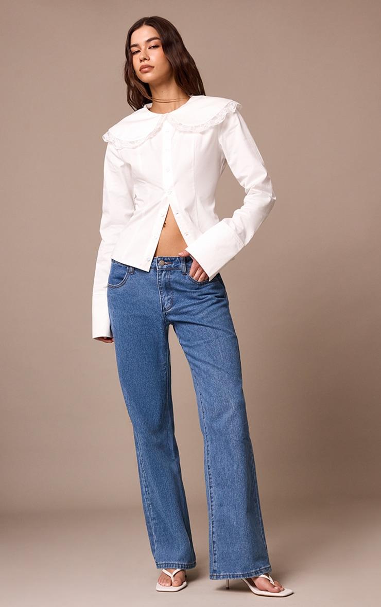  White Cotton Lace Trim Long Sleeve Shirt Product Image