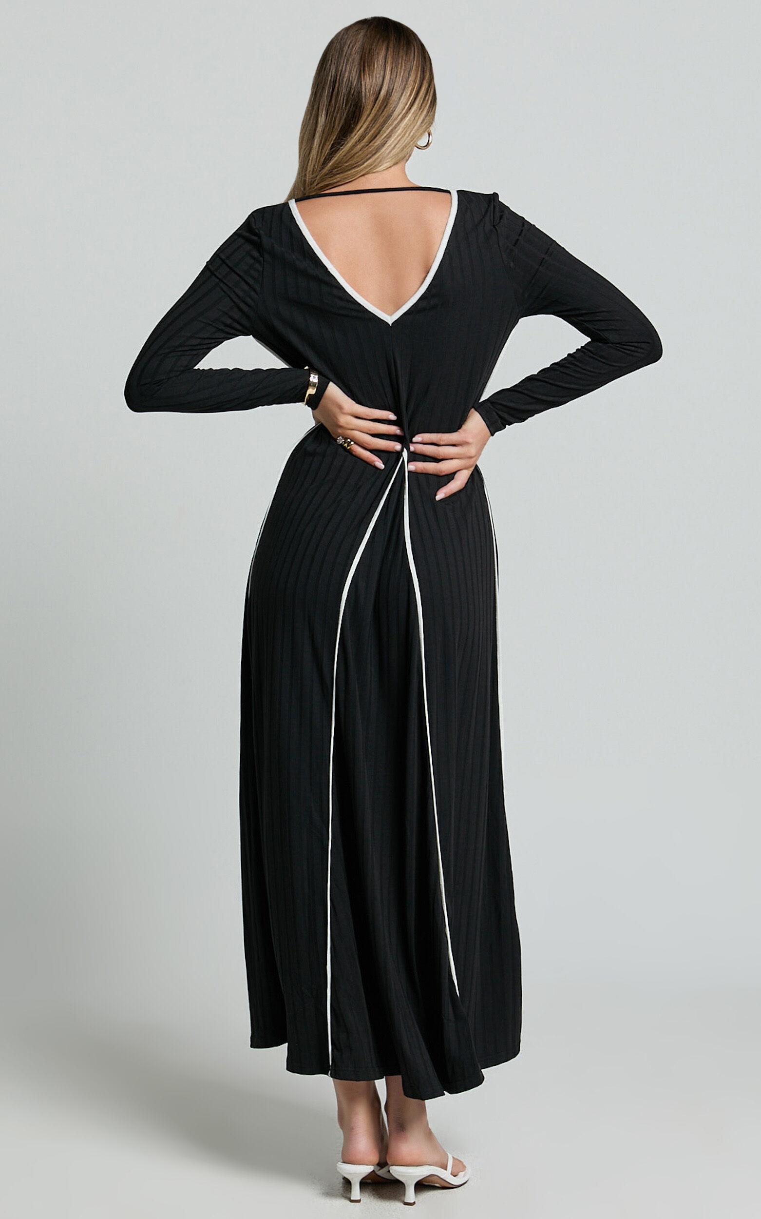 Margie Midi Dress - Long Sleeve Contrast Bind Ribbed Dress in Black Product Image