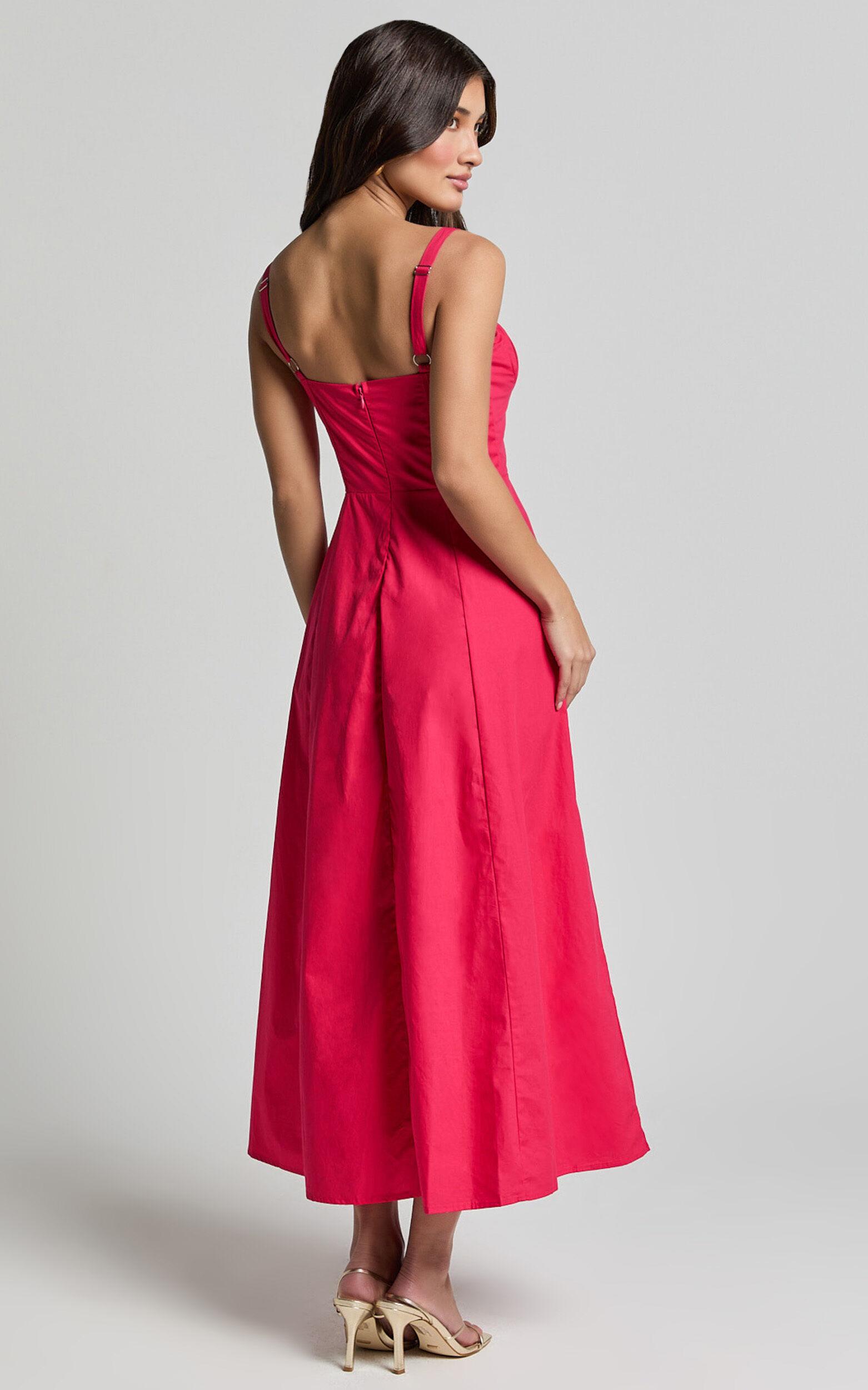 Maiya Midi Dress - Tie Front Fitted Bodice Dress in Hot Pink Product Image
