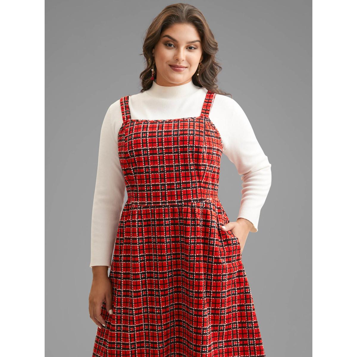 Plus Size Plaid Pinafore Elastic Waist Midi Dress Scarlet Women Elegant Texture Square Neck Sleeveless Curvy BloomChic 26/4X Product Image