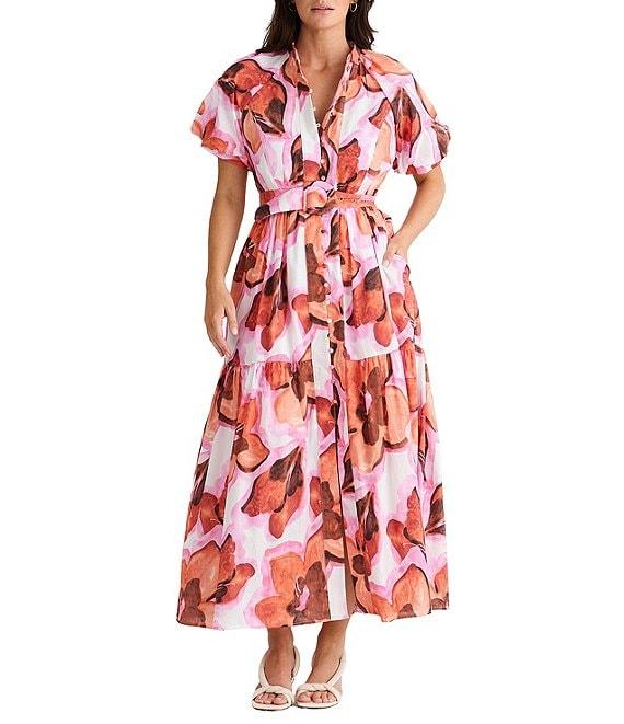 Brave + True Amour Floral Print Mandarin Collar Button Front Belted Short Puff Sleeve Maxi Dress Product Image