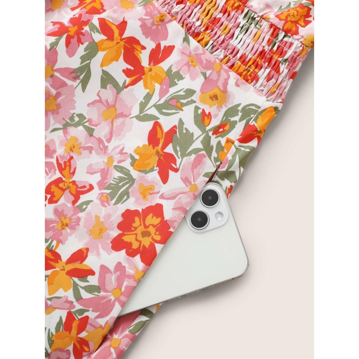 Plus Size Floral Shirred Wrap Hem Ruffle Sleeve Midi Dress Blush Women Elegant Shirred Overlap Collar Short sleeve Curvy BloomChic 26/4X Product Image