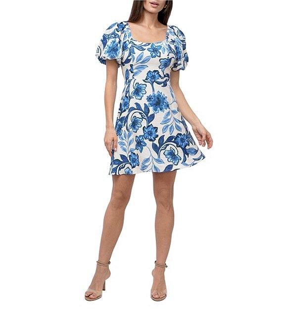 Adelyn Rae Halton Woven Floral Print Square Neck Short Puff Sleeve Sheath Mini Dress Product Image