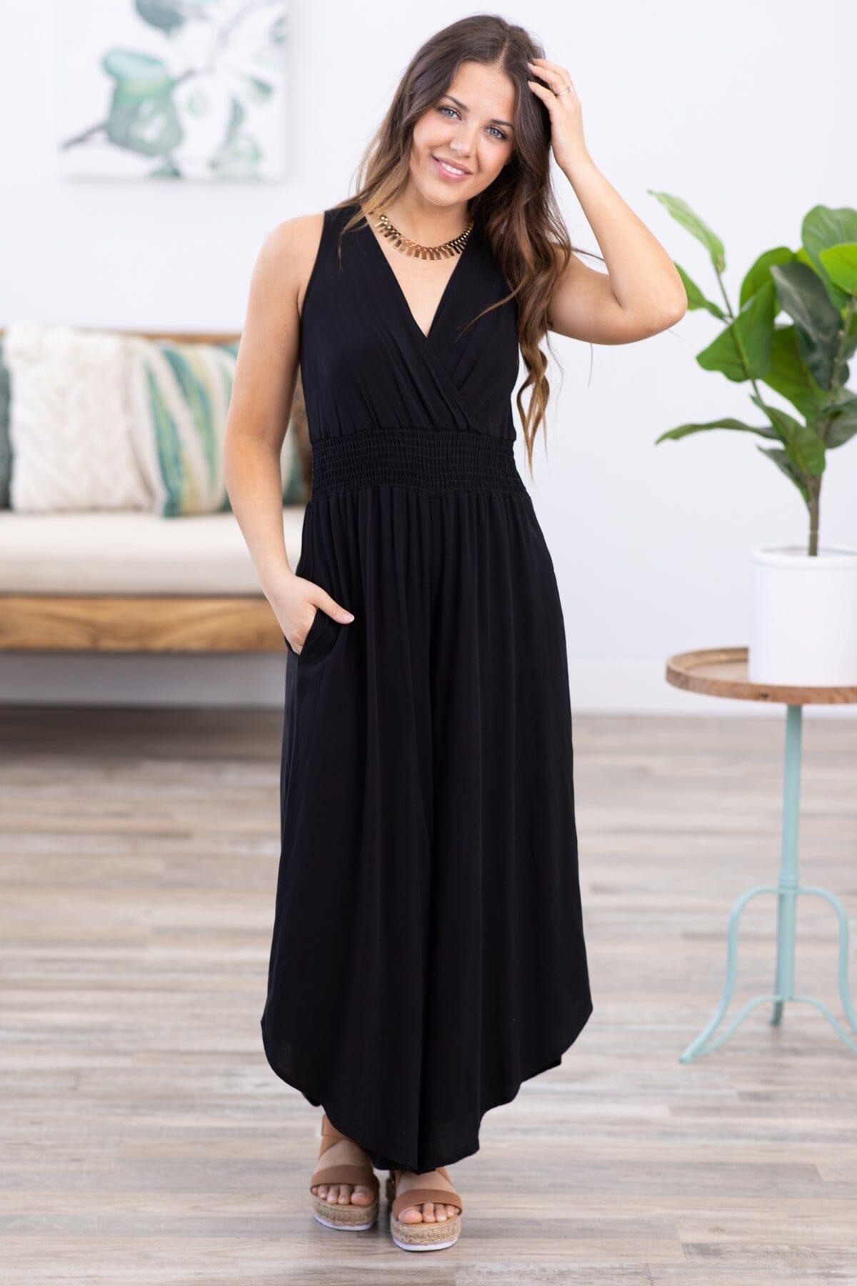 Black Surplice Front Smocked Waist Jumpsuit Product Image
