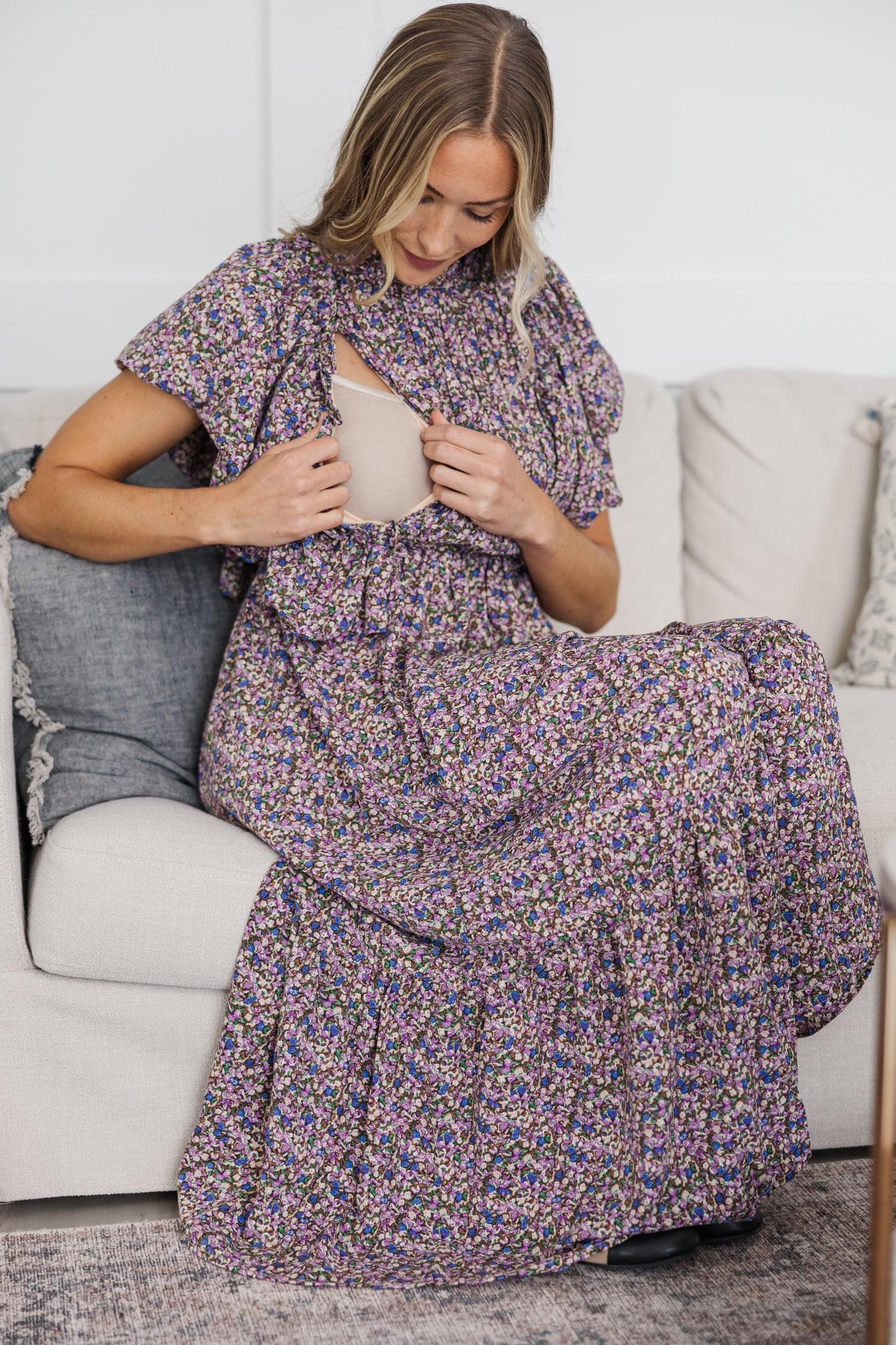 NURSING COLLECTION: All The Good Plum Ditsy Floral Ruffled Midi Dress Female Product Image