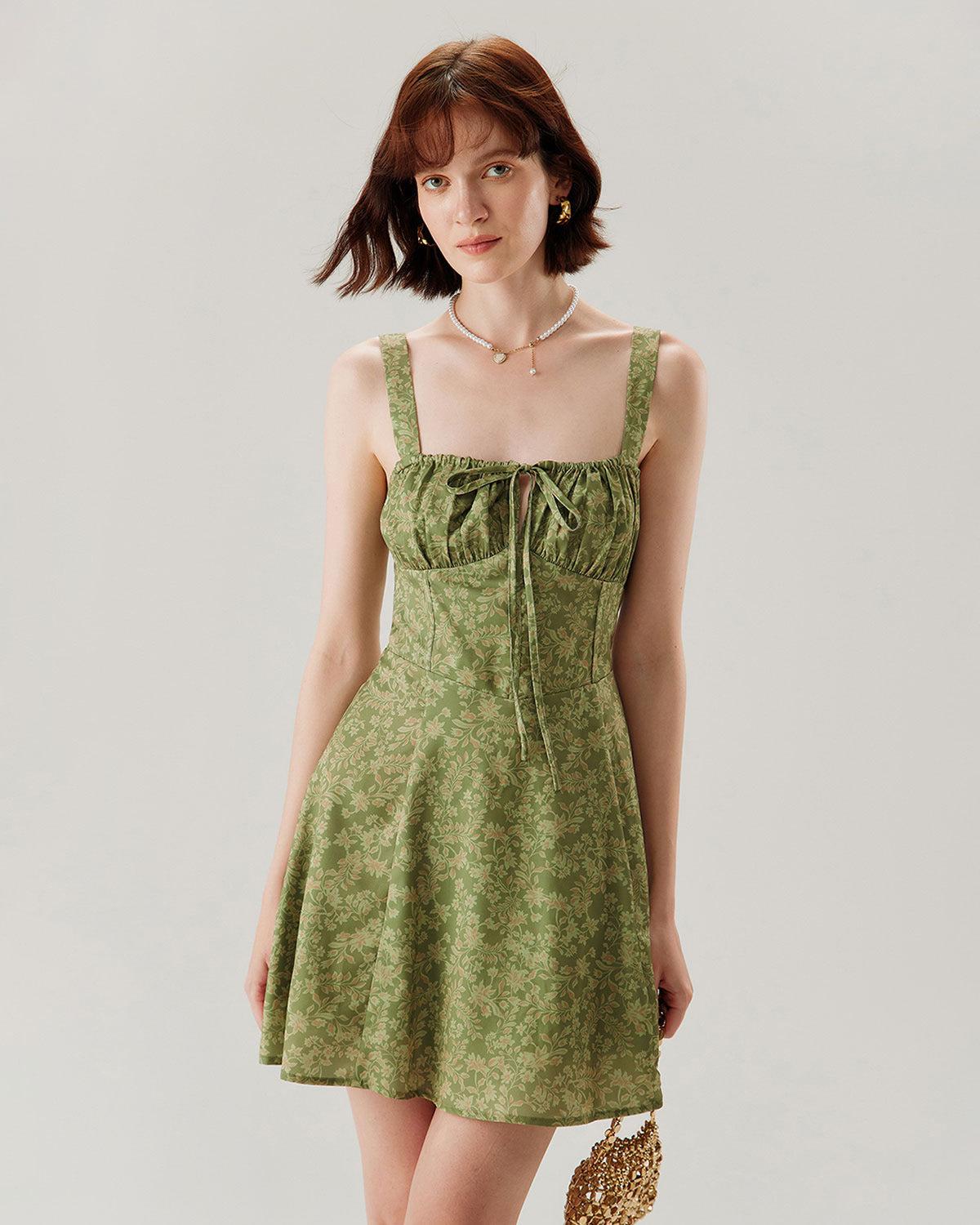 Green Floral Ruched Slip Mini Dress Product Image