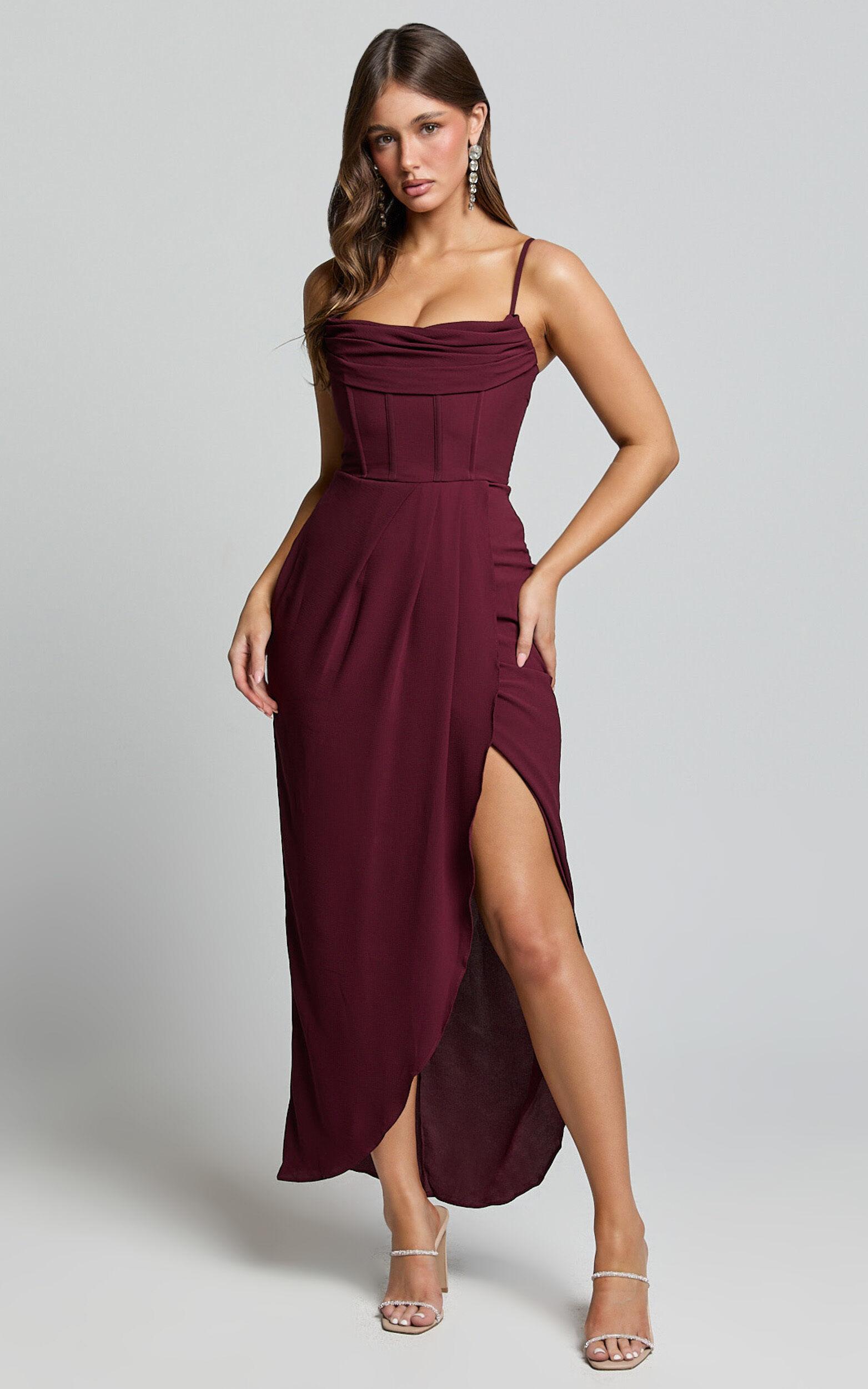 Andrina Midi Dress - High Low Wrap Corset Dress in Wine Product Image