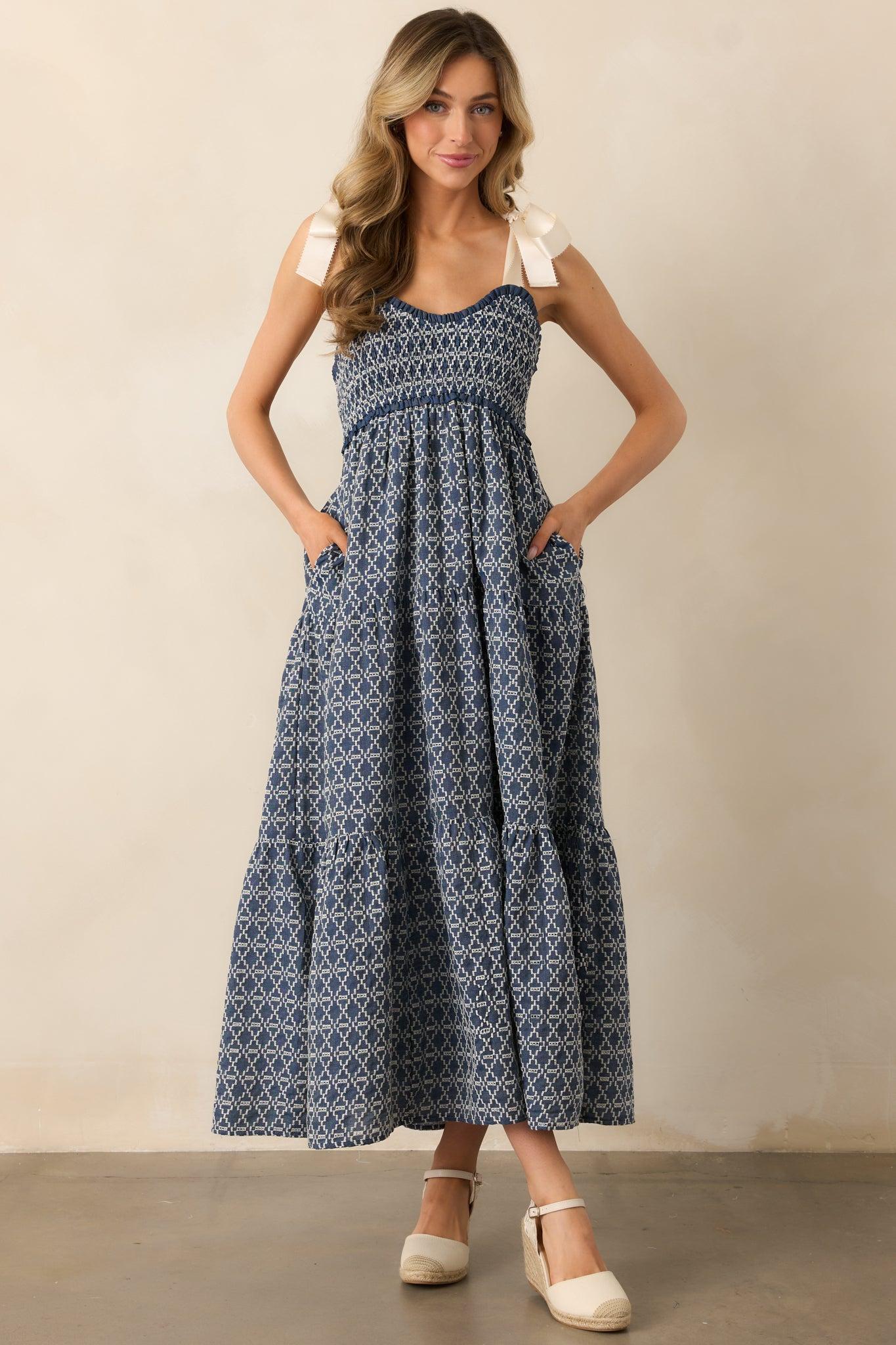 The Felicity Dark Wash Chambray Cotton Embroidered Maxi Dress Product Image