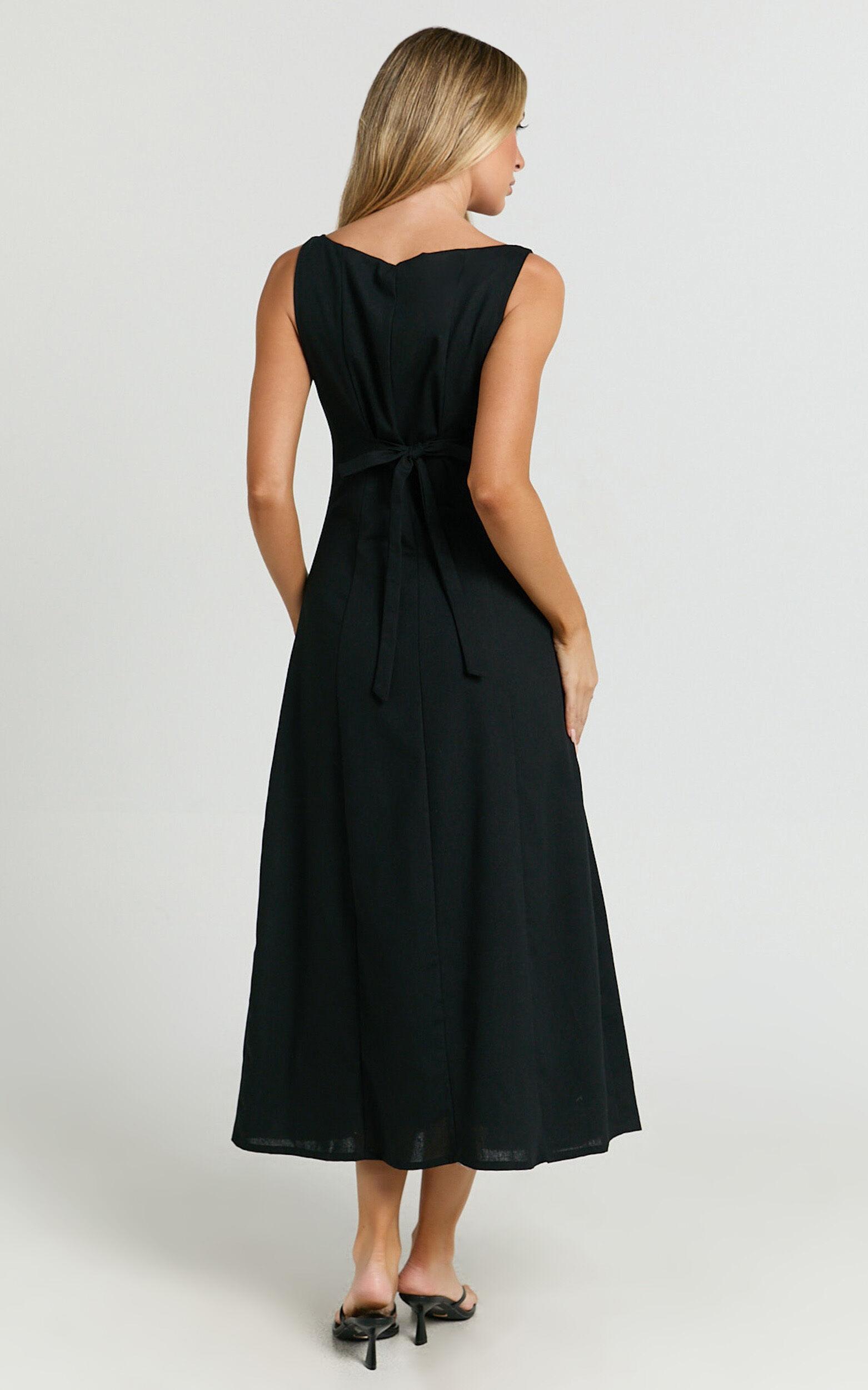 Cameron Midi Dress - Button Front Tie Back Dress in Black Product Image