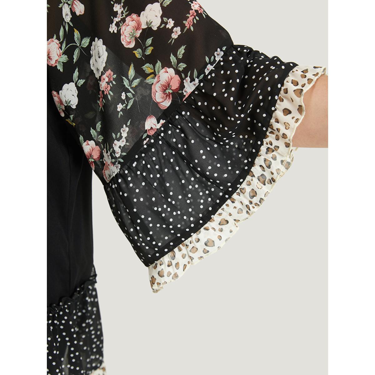 Plus Size Multicolor Floral & Polka Dot Flutter Trim Patchwork Blouse Women Elegant Half Sleeve Round Neck Dailywear Blouses BloomChic 26/4X Product Image