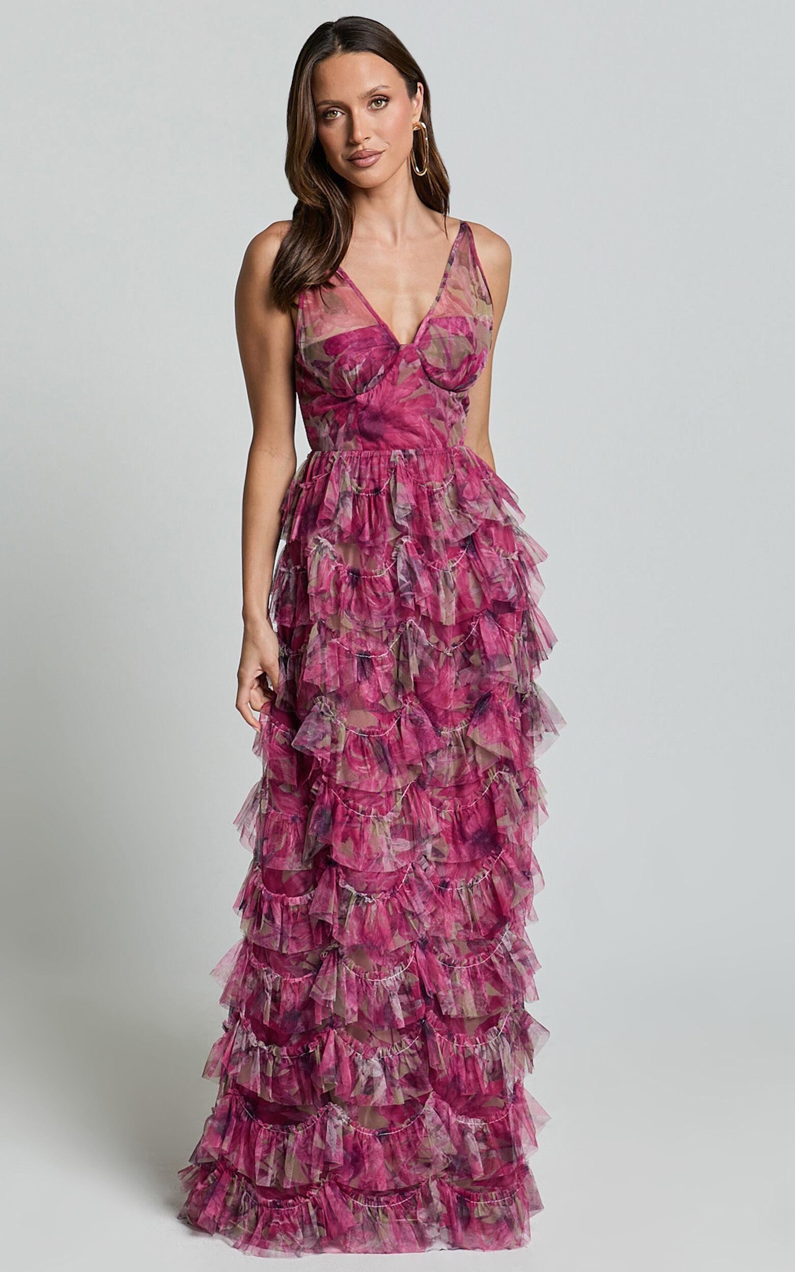 Amalie The Label - Josette Tulle Tiered Maxi Dress in Pink Floral Product Image