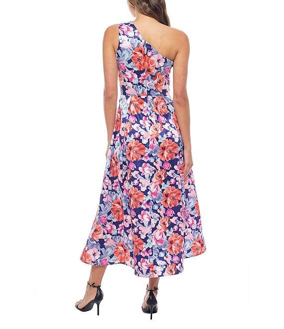 Marina One Shoulder Floral Stretch Taffeta Midi Dress Product Image