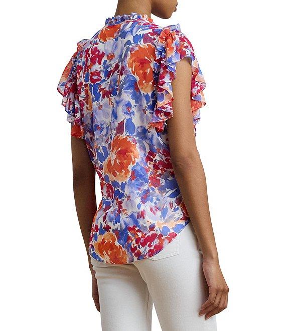 Lauren Ralph Lauren Georgette Floral Ruffle Trim V-Neck Flutter Sleeve Blouse Product Image