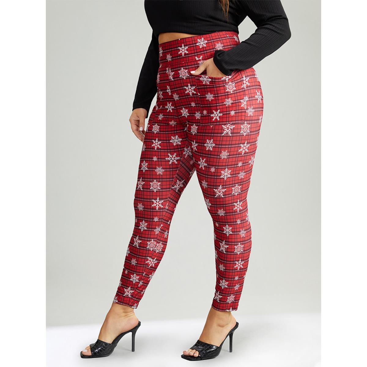 Plus Size Plaid & Snow Print Pocket Skinny Ankle Leggings Women Scarlet Casual Medium stretch Skinny High Rise Festival-Christmas Leggings BloomChic 18-20/2X Product Image