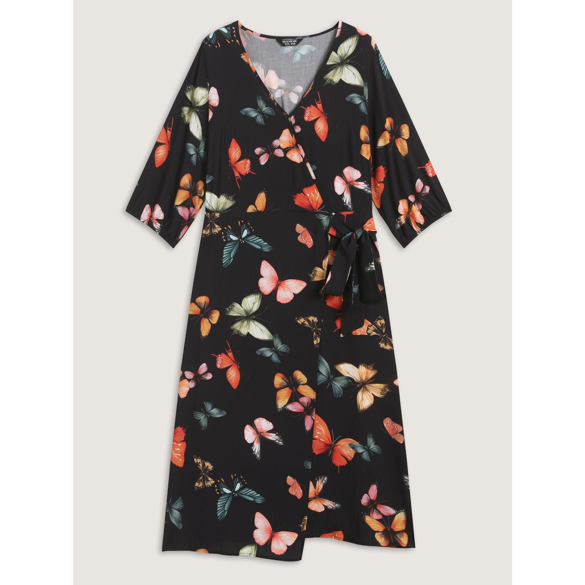 Plus Size Butterfly Print Side Tie Pockets Midi Dress Black Women Overlap Collar Elbow-length sleeve Curvy BloomChic 18-20/2X Product Image