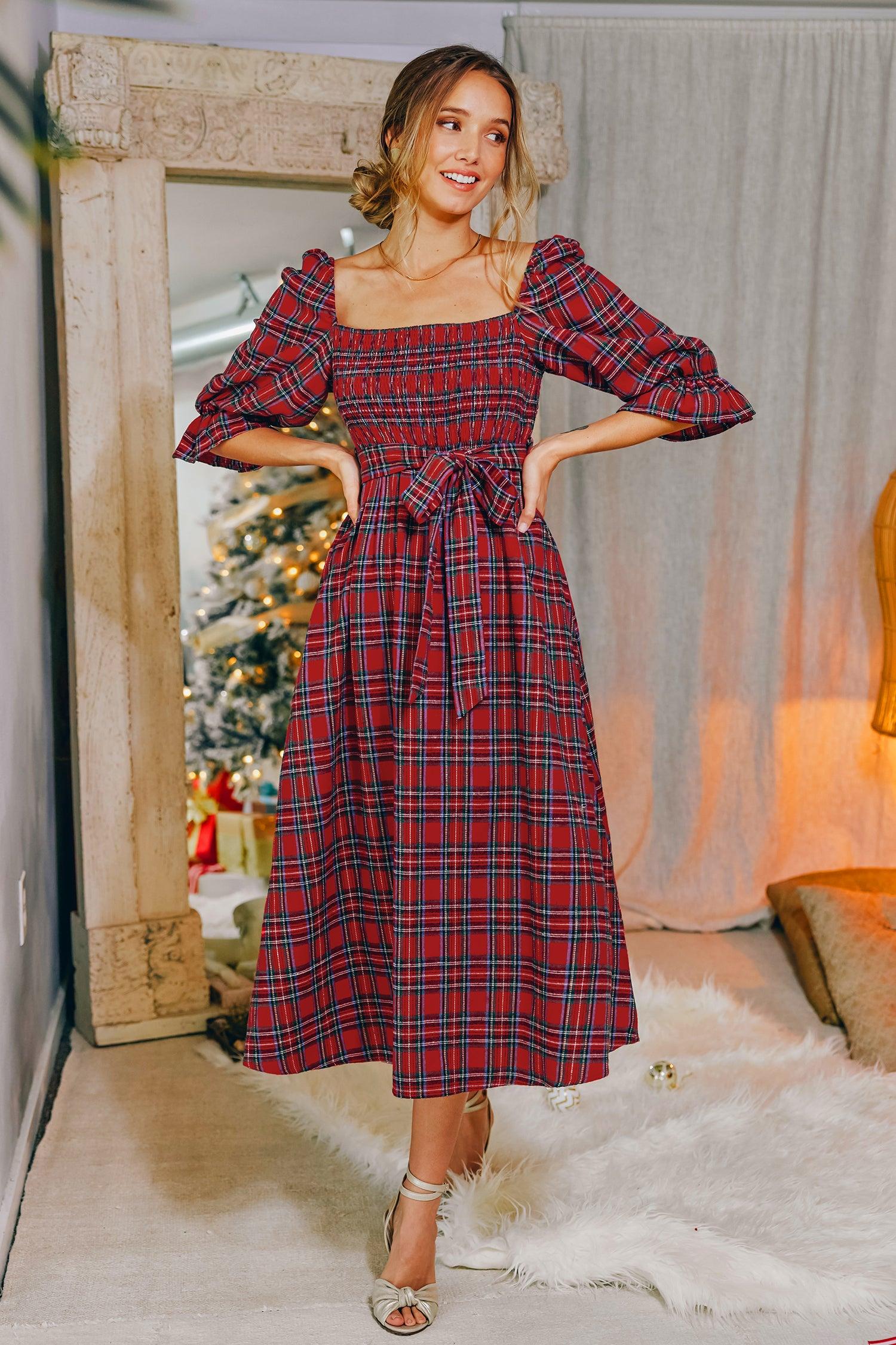Abigai Belted Tartan Plaid Maxi Dress Product Image