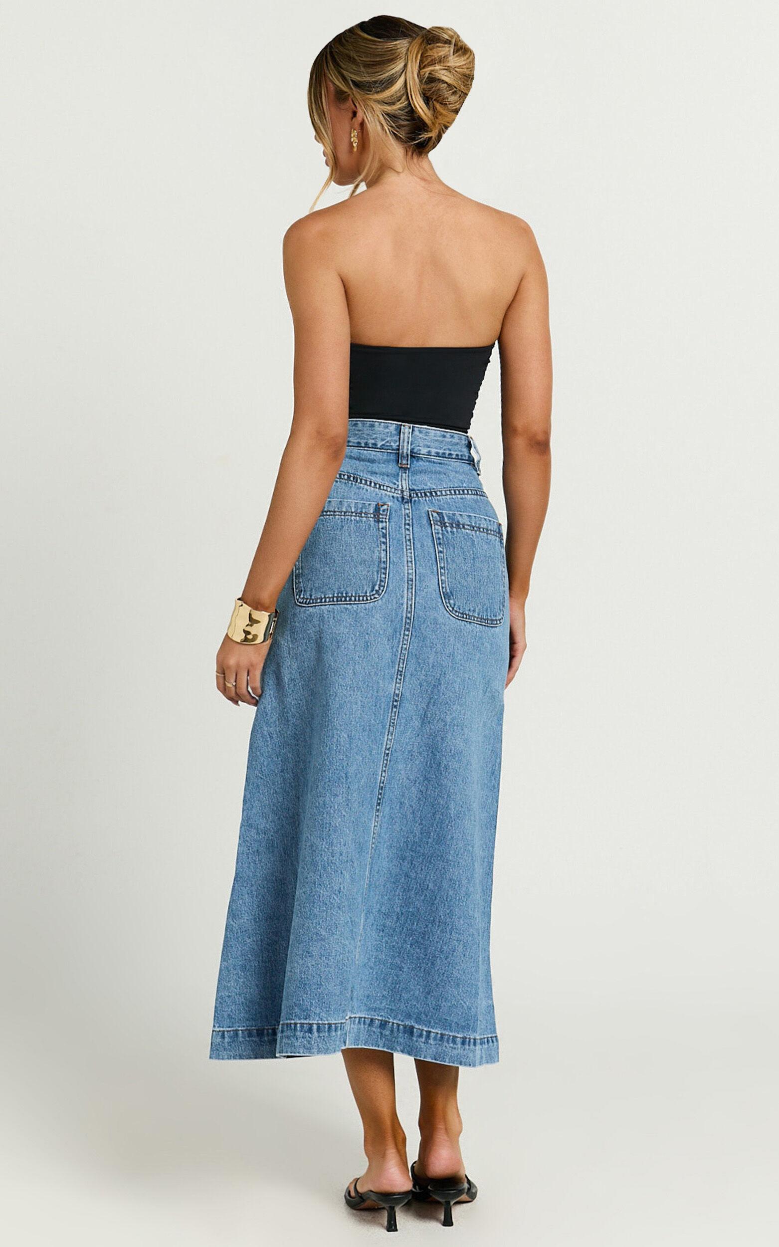 Alisa Midi Skirt - Button Through A Line Denim in Mid Blue Wash Product Image